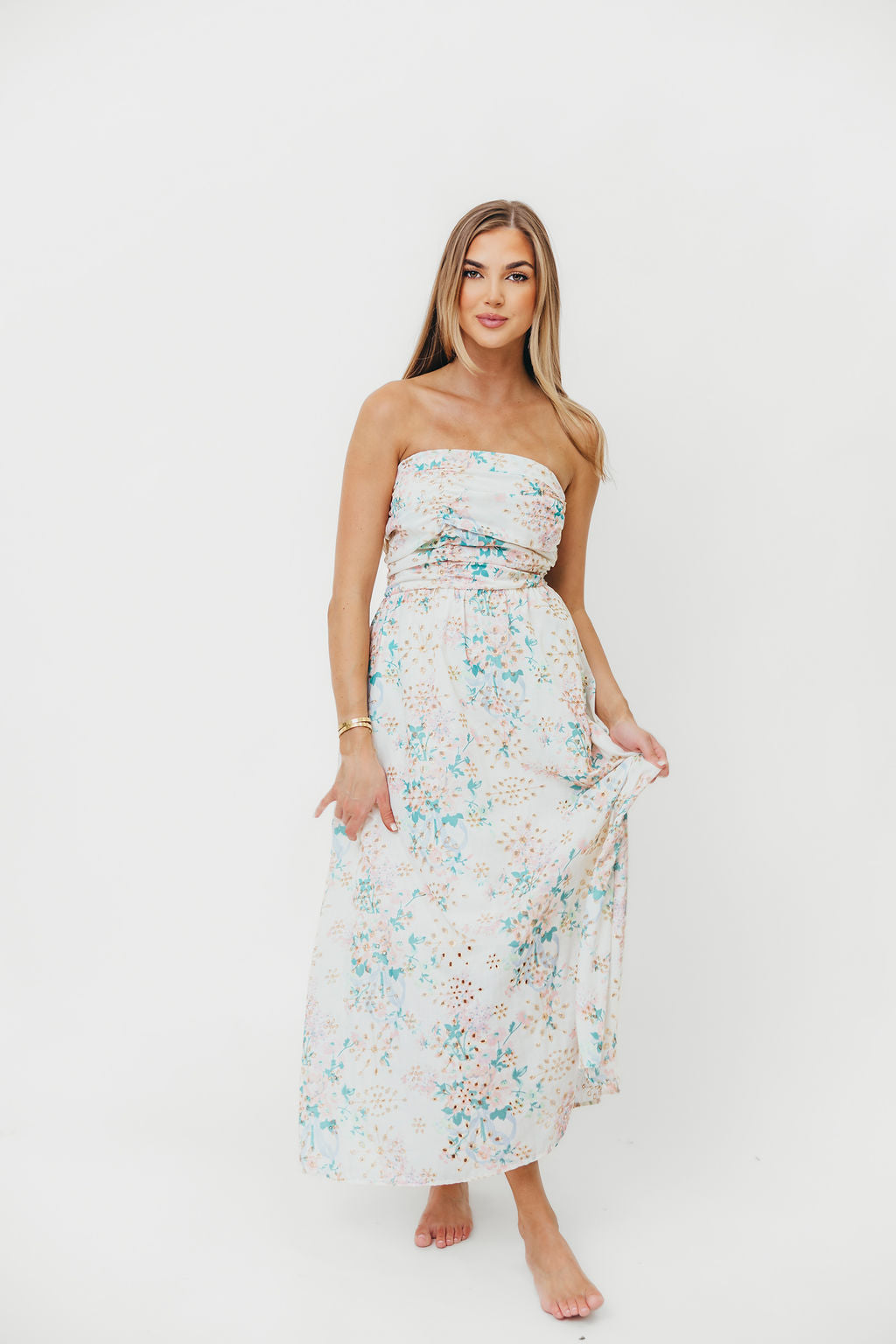 Rosella Floral Eyelet Lace Ruched Tube Maxi Dress - Women's Spring Summer Boho Flowy Long Dress for Beach Wedding Party Vacation