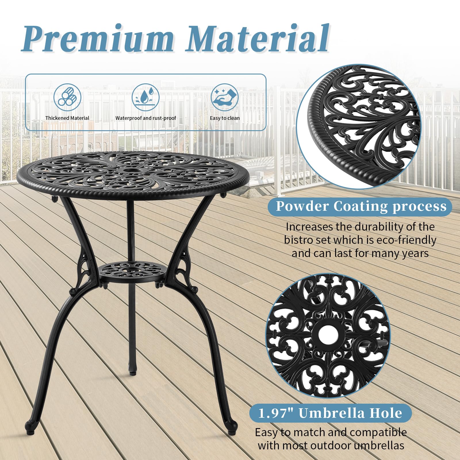 3 Piece Bistro Patio Set - Cast Aluminum Outdoor Table & 2 Chairs with Cushions, All-Weather Garden Furniture with Umbrella Hole (Black) - Perfect for Backyard, Balcony, and Poolside Relaxation