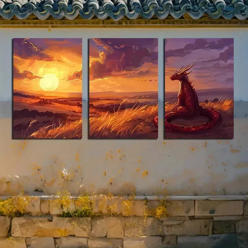 3-Piece Young Dragon Watching Sunset Wall Art Set - Framed Canvas 50x70cm | High Quality Print | 100% Australian Made | Ready to Hang | Perfect for Living Room, Bedroom & Office Decor