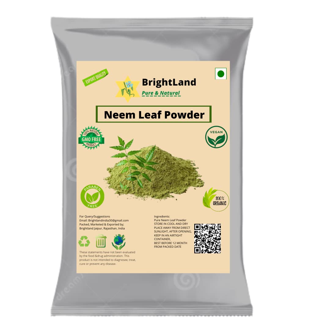 Brightland Pure Neem Leaves Powder 100g - Organic Skin & Hair Care for Acne-Free Face, Silky Hair Growth | Natural Pimple Treatment, Scalp Cleanser | Perfect for Daily Skincare & Hair Regimen