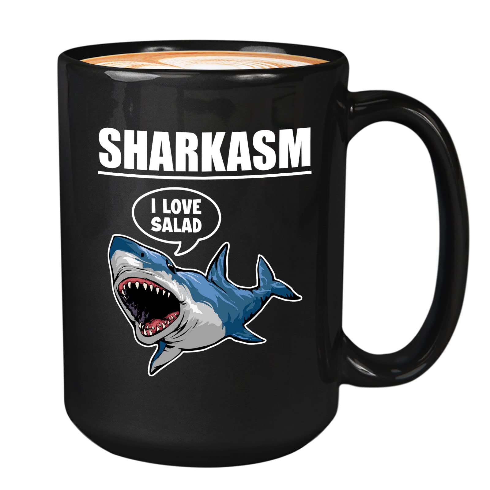 Bubble Hugs Sarcastic Coffee Mug 15oz Black - Sharkasm 'I Love Salad' Funny Shark Lovers Gift - Office Humor for Coworkers, Vegan Jokes - Perfect for Coffee Breaks & Desk Decor