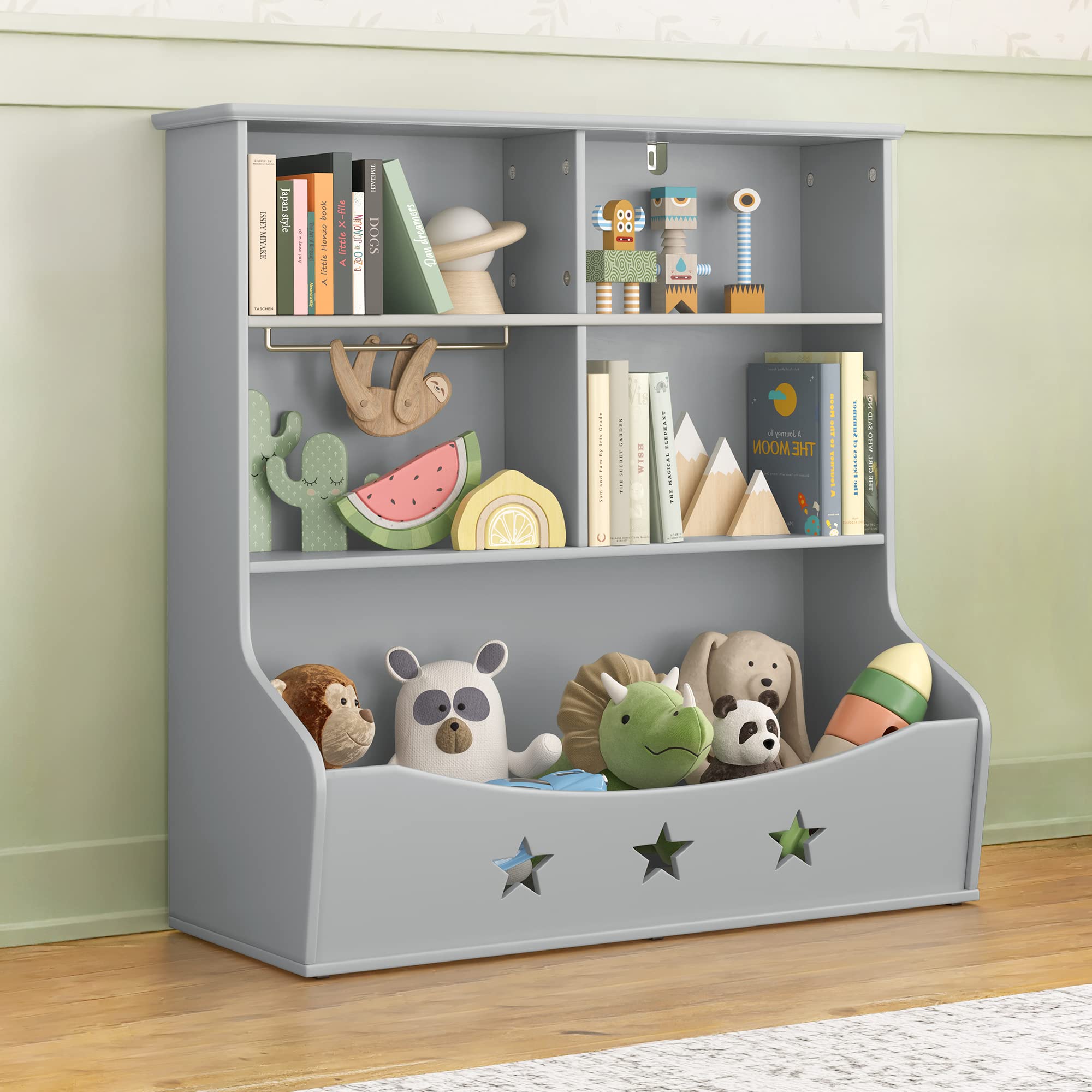 Wooden Kids Bookshelf with 5 Cube Storage - 3-Tier Open Bookcase & Toy Organizer for Nursery, Playroom, Bedroom - Gray Star Pattern Shelf for Books & Toys Storage | Perfect for Montessori, Daycare & Home Organization