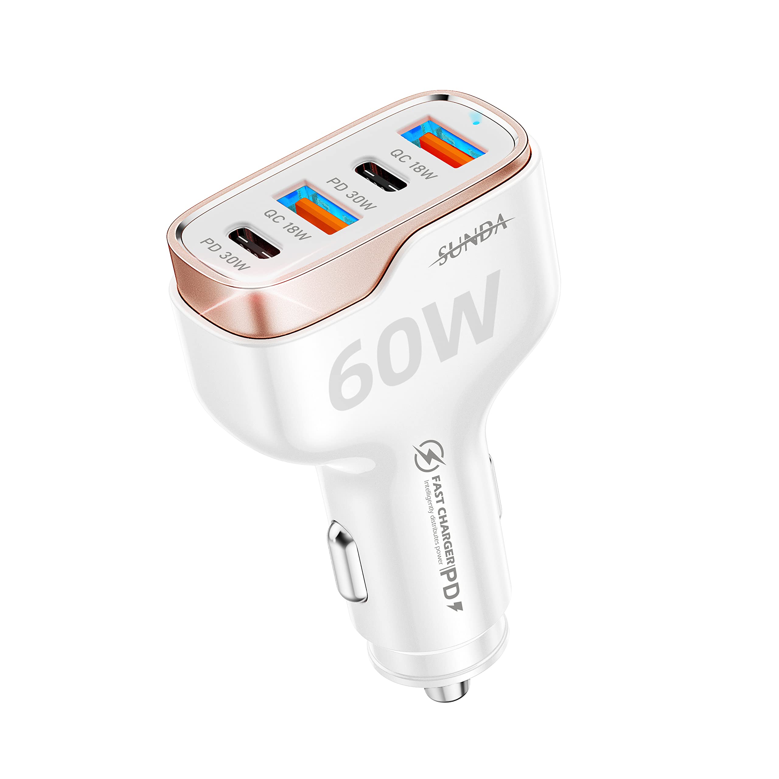 SUNDA 60W USB C Fast Car Charger - 4-Port Car Charger Adapter with Dual Type C PD30W/PPS30W & Dual USB-A QC3.0 18W - Compatible with iPhone 14/13 Pro/Max/11, iPad Pro, Galaxy S23/Samsung - Perfect for Road Trips & Multi-Device Charging On The Go