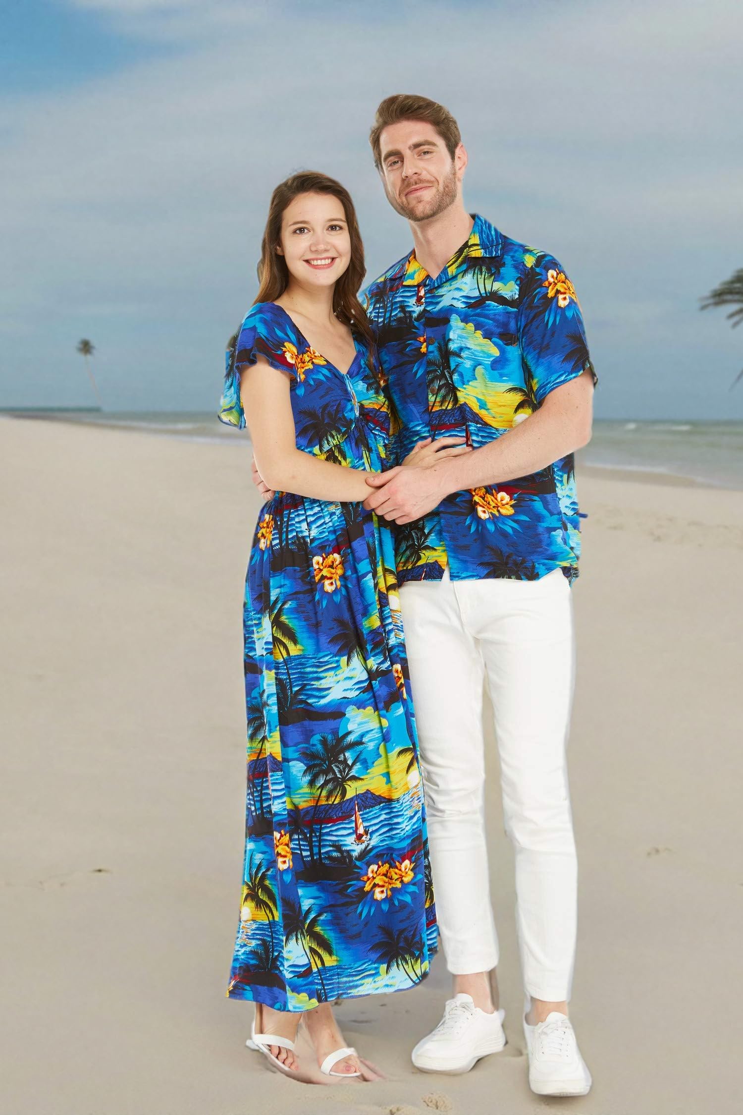 **Sunset Blue Matching Hawaiian Luau Aloha Shirt & Maxi Ruffle Sleeve Dress for Couples – Perfect for Beach Vacations, Summer Parties, and Tropical Getaways**