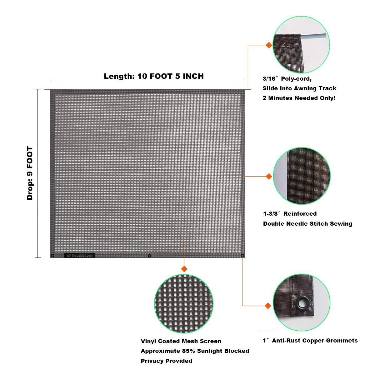 RV Sun Shade Screen for Awning - 9' X 10' 5'' Brown Mesh Sunshade for Motorhome & Camping Trailer - UV Blocking Canopy with 3 Year Warranty by Shadeidea | Perfect for Outdoor Camping, Picnics, and RV Travel
