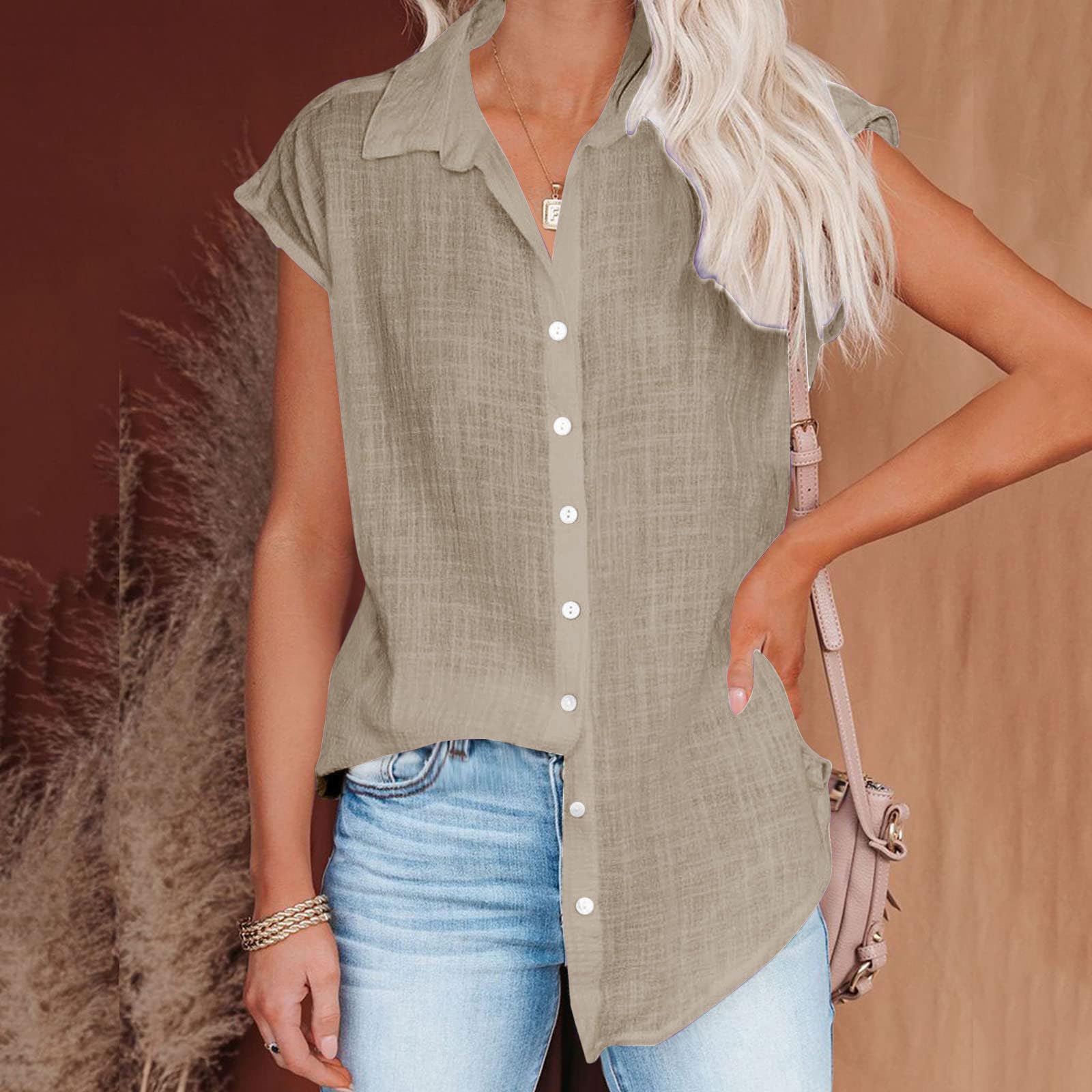 Trendy Women's Cotton Linen Short Sleeve Blouses - Loose Fit Casual Tops for Summer 2024 | Perfect for Office Wear, Weekend Outings & Beach Vacations