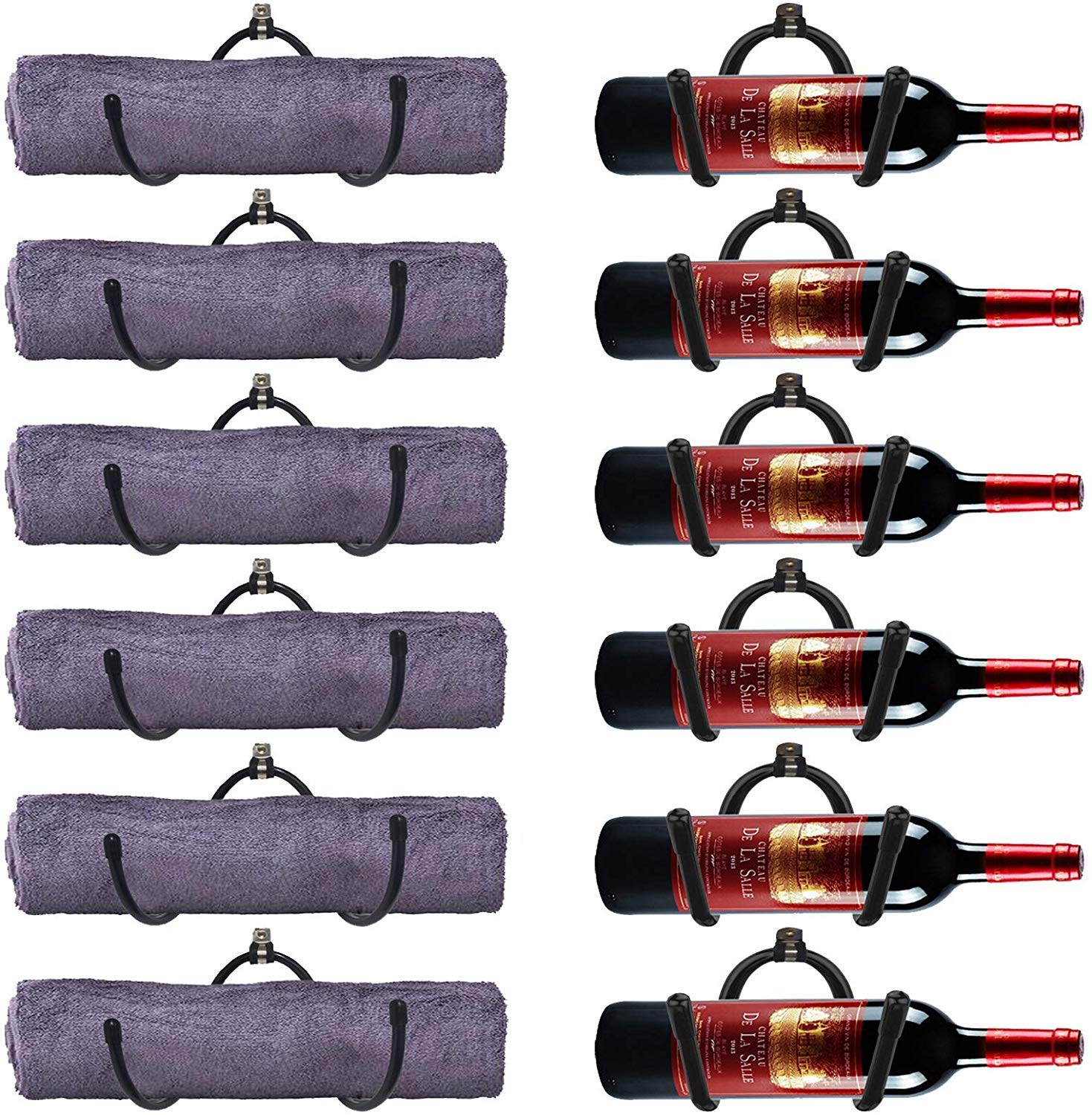6-Pack Adjustable Wall Mount Wine & Towel Rack - Flexible Metal Bottle & Glass Holder with Rubber Protection (No Scratches) - Home Kitchen Decor & Storage Solution for Bars, Restaurants, and Modern Homes