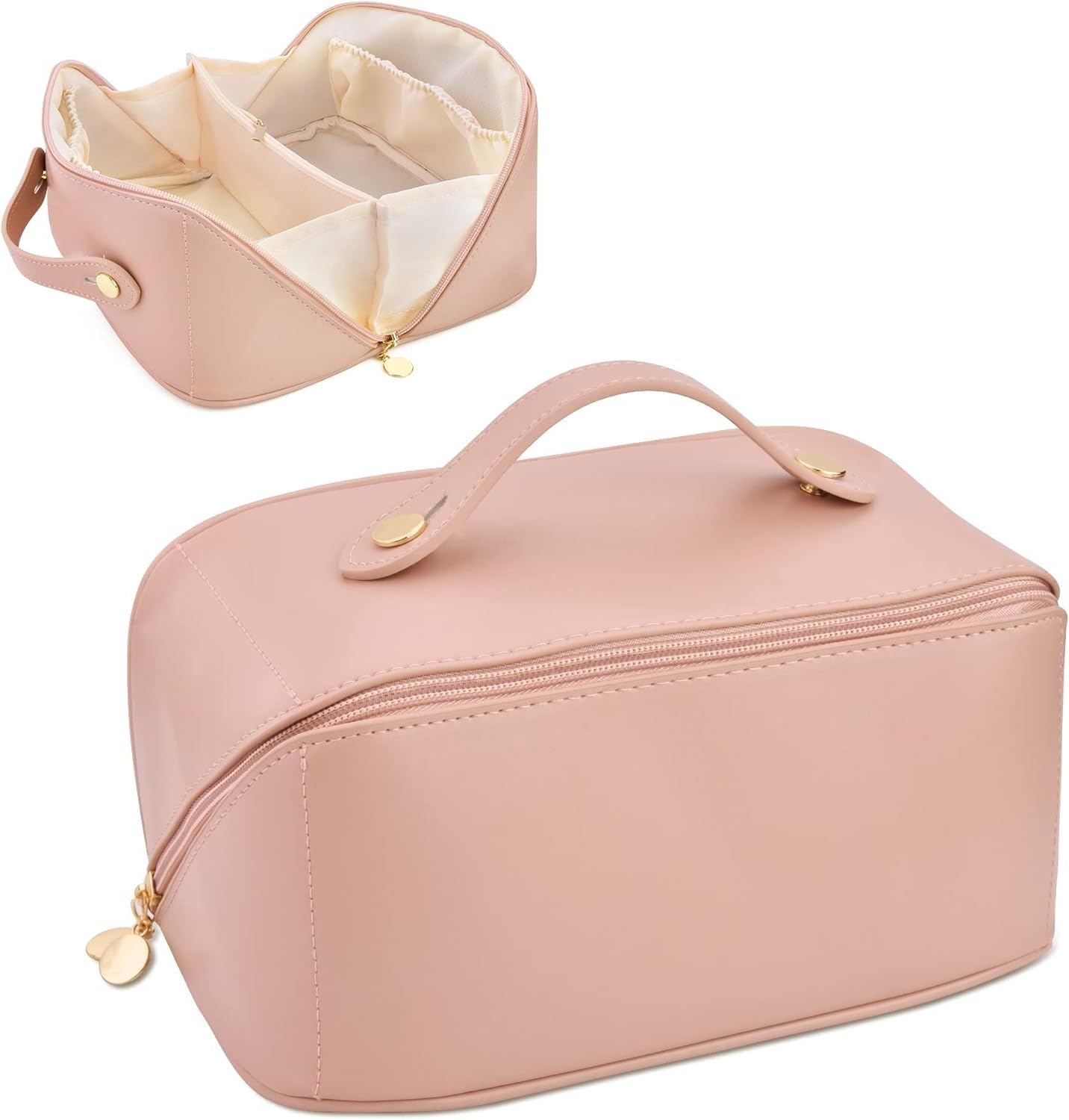 PETRICE Leather Makeup Travel Bag for Women - Portable Cosmetic Organizer with Handle & Divider, Wide Opening Pink Makeup Pouch (11.5cm) - Perfect for Airplane Carry-on, Gym Essentials & Weekend Getaways