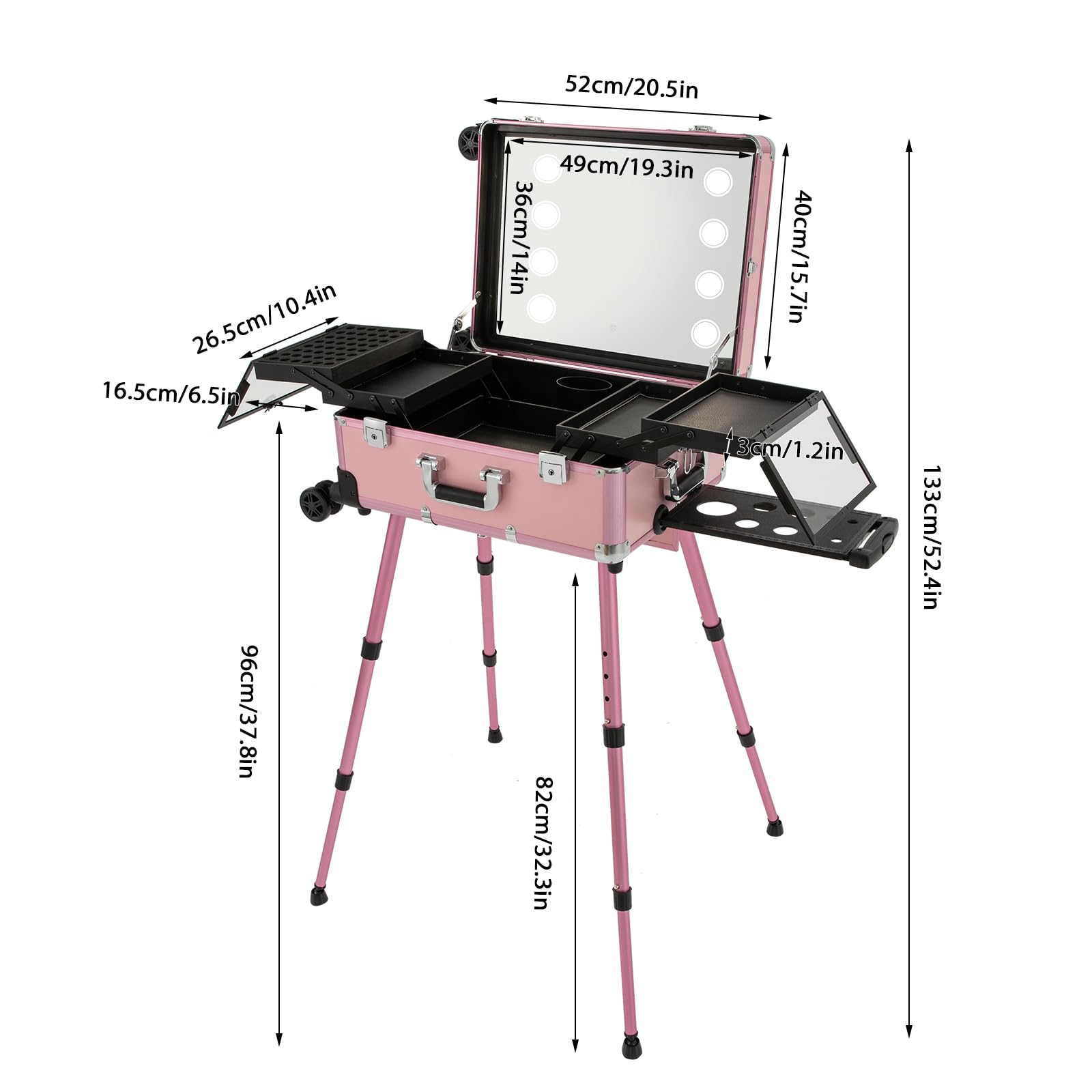 Pink Aluminum Rolling Makeup Train Case with LED Lights & Adjustable Legs - Lockable Portable Cosmetic Organizer for Travel, Professional Artists & Home Vanity - 4 Removable Wheels for Easy Mobility