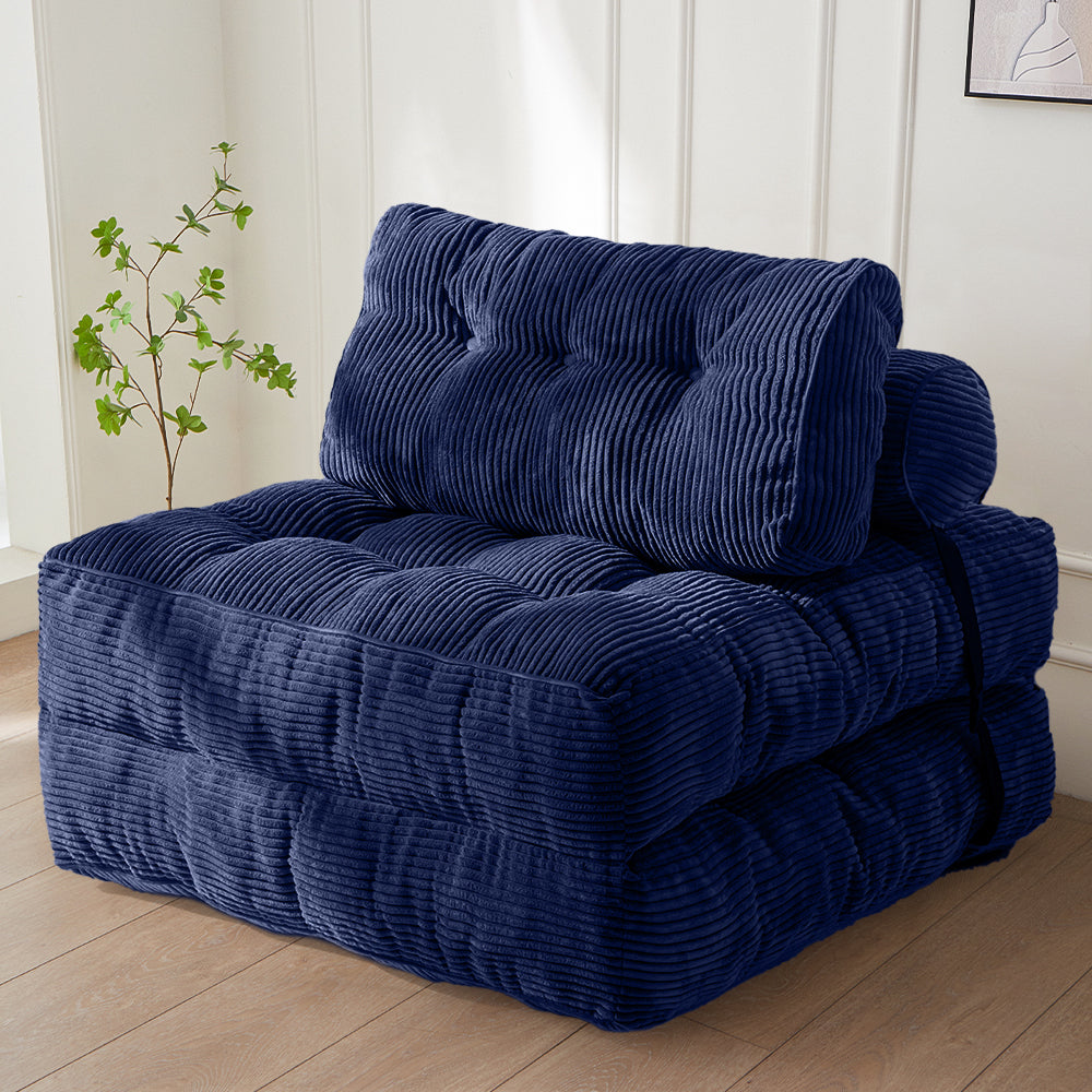MAXYOYO Corduroy Folding Sofa Bed - Convertible Sleeper Chair with Pillow & Foldable Mattress, Navy Blue | Back Support for Living Room, Guest Room & Small Spaces