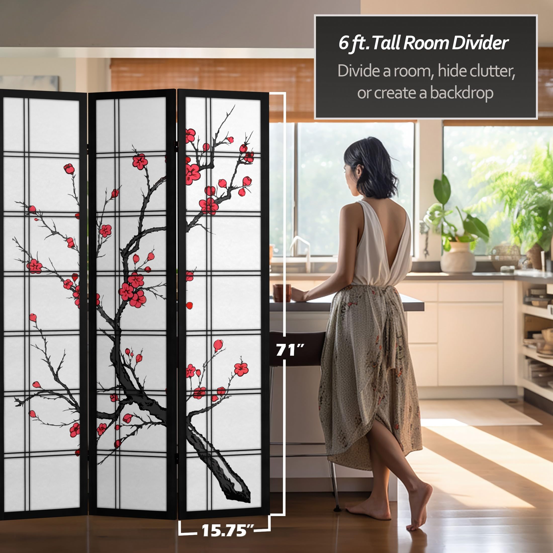6 ft Tall Red Lantern Canvas Cherry Blossom Black Room Divider Screen - 3 Panel Folding Privacy Partition for Bedroom, Living Room, Office & Studio Decor