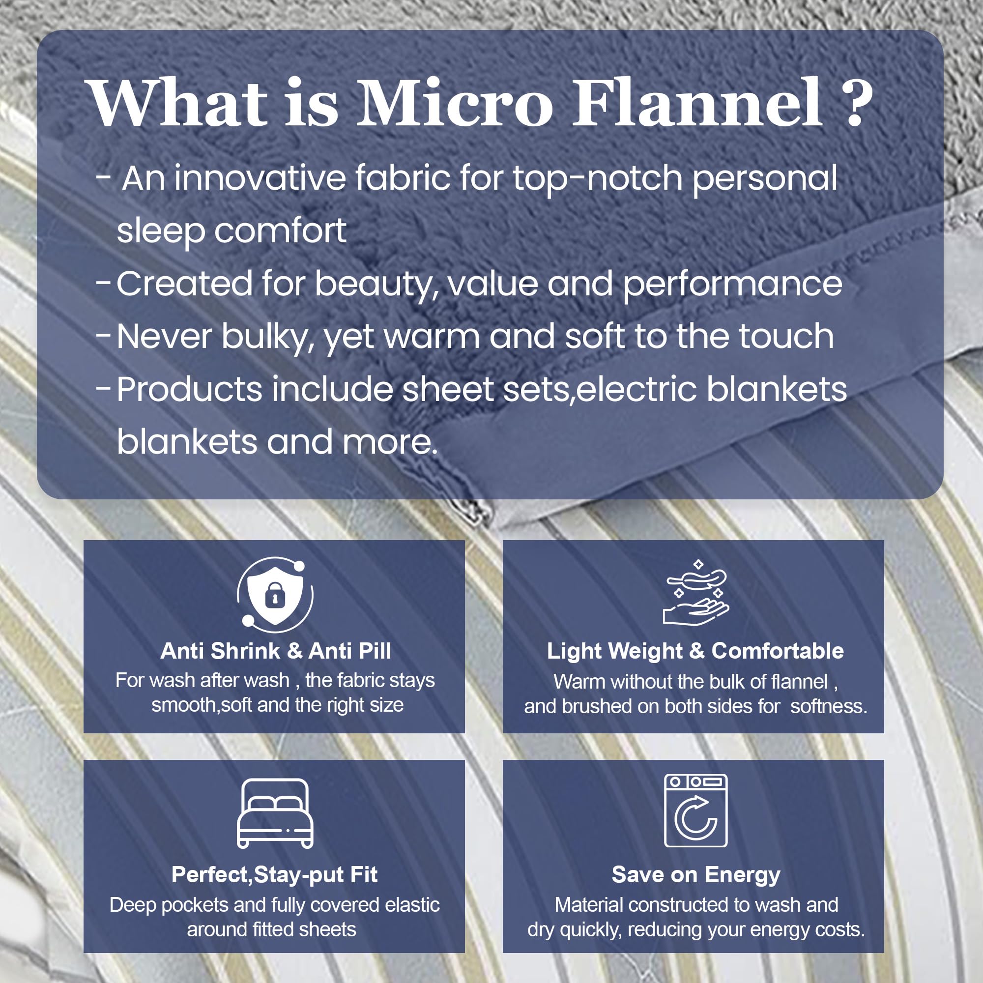 Thermee Micro Flannel Heated Blanket with Sherpa Back - 10 Heat Settings Queen Size Electric Blanket, Programmable Fast Heating Thermal Throw - Ultra Soft for Winter, Bed, Sofa & Office Use - City Stripe Design