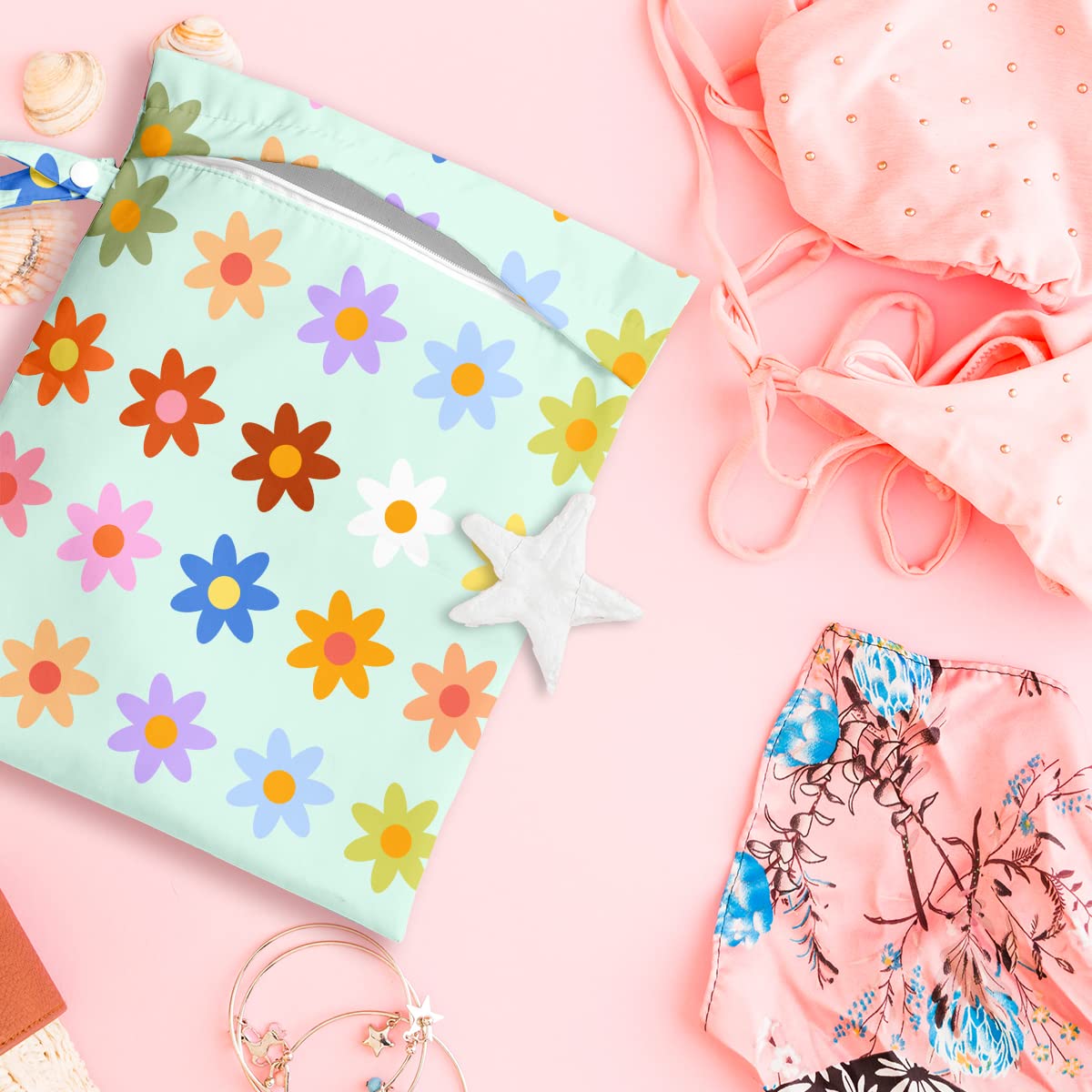 Waterproof Wet Dry Bag for Swimsuits, Beach, Pool, Diapers & Gym Clothes - Reusable Travel Toiletry & Makeup Organizer with Cute Daisy Floral Design | Perfect for Travel, Yoga, Sports & Baby Care