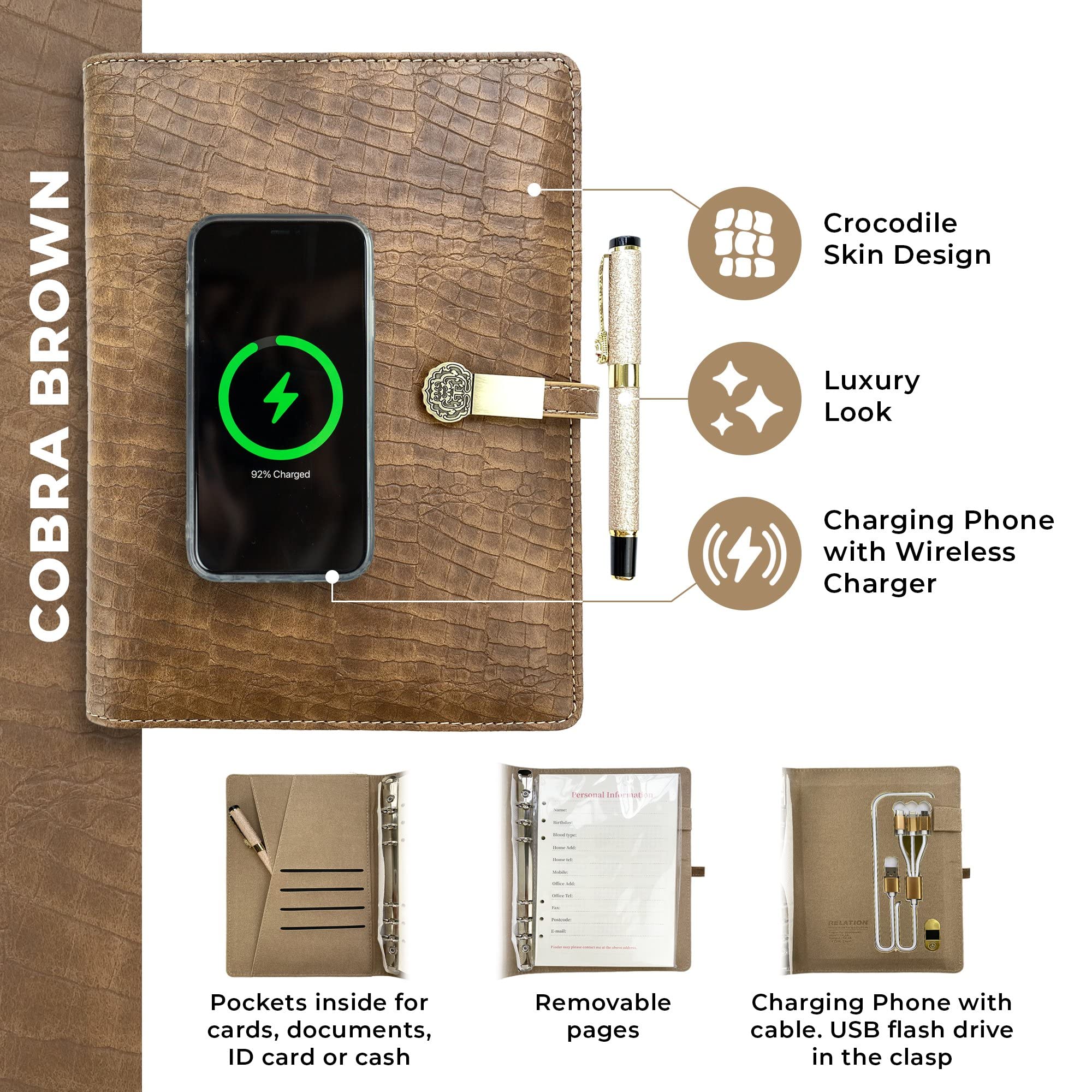 Premium Executive Smart Notebook with Qi Wireless Charger & 16GB USB Drive - Luxury Crocodile Texture Business Travel Gift for Professionals - Perfect for Meetings, Presentations & On-the-Go Productivity