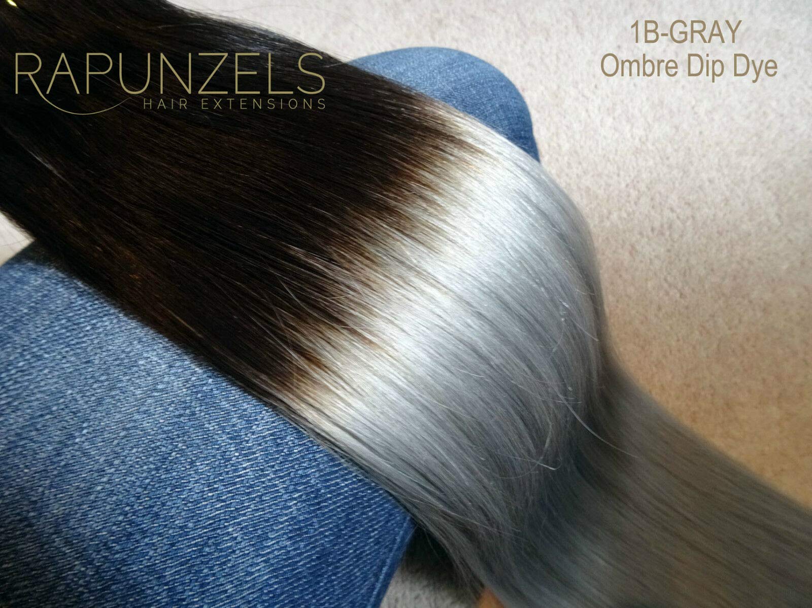 20 Inch Remy Human Hair Extensions Ombre Dip Dye Black to Silver Grey - 180g 9ft Weft for Half & Full Head - Clip-in Hair Extensions for Length & Volume - Perfect for Parties, Weddings & Daily Styling