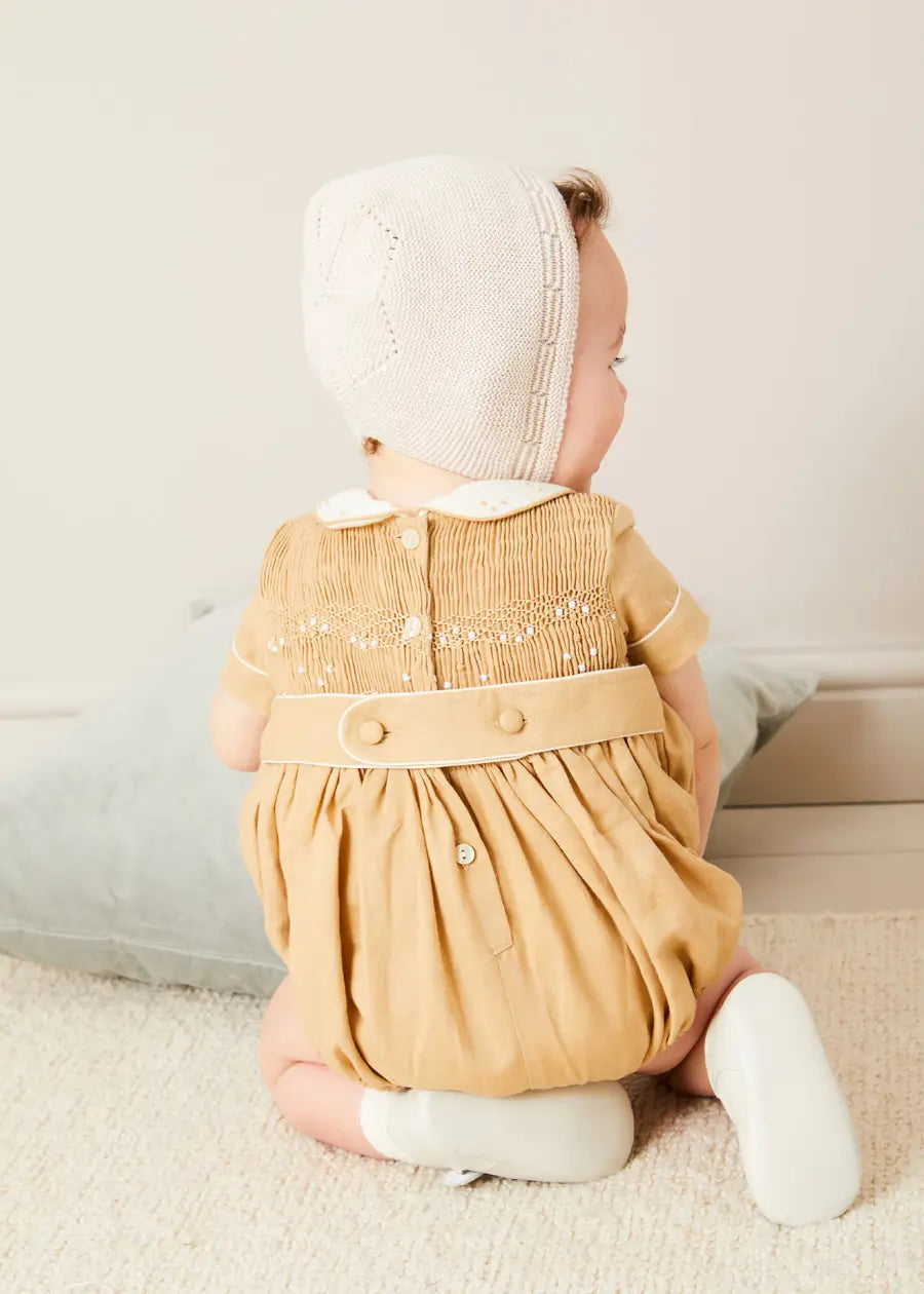 Peter Pan Collar Hand Smocked Short Sleeve Baby Romper in Camel - Soft Cotton Jumpsuit for Girls 6 Months to 2 Years | Perfect for Playdates, Photoshoots & Special Occasions
