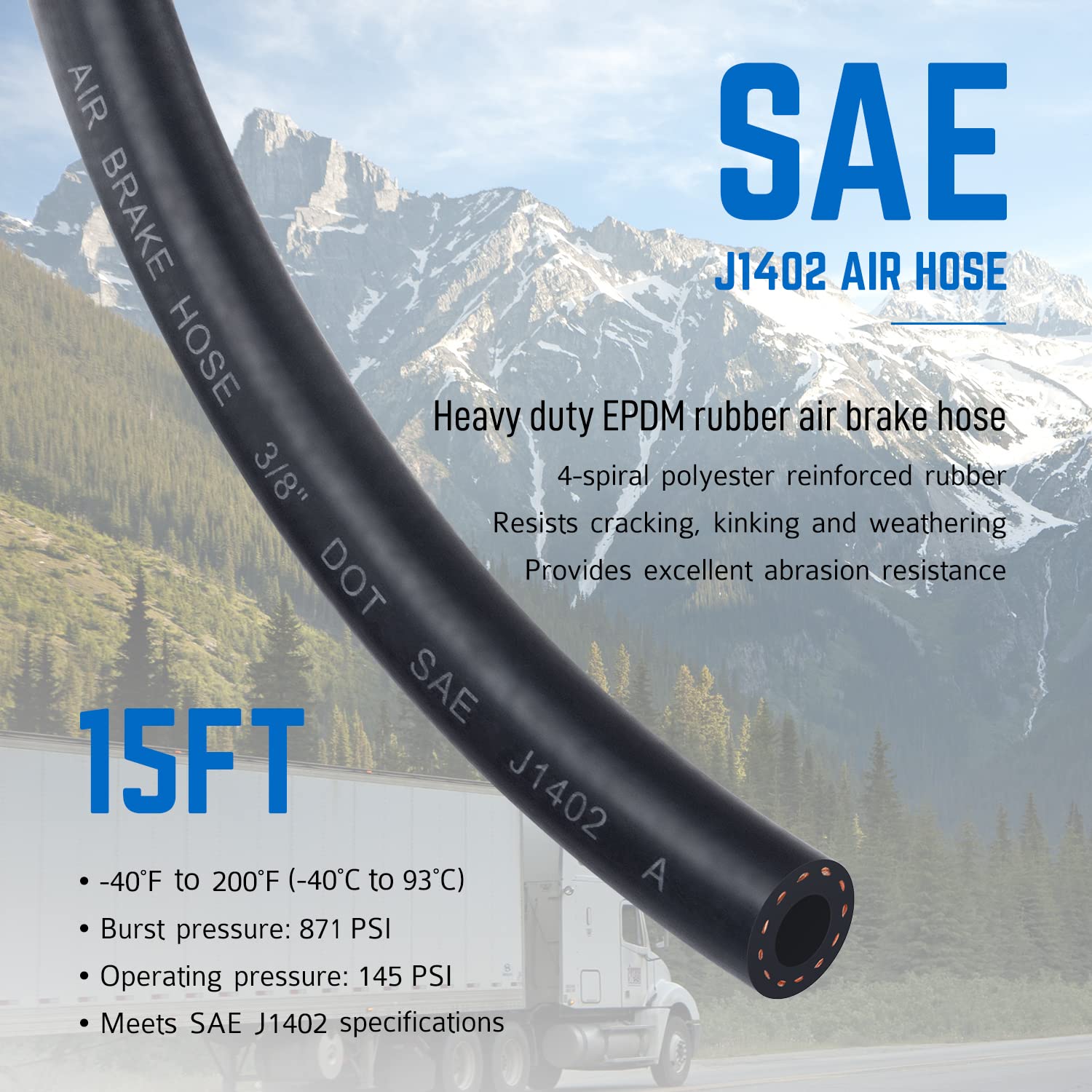 15 FT Heavy Duty Air Line Hose Assembly Set - Straight Air Power Hoses for Trailer & Truck Tractors Parts - Ideal for Commercial Vehicle Brake Systems & Pneumatic Applications