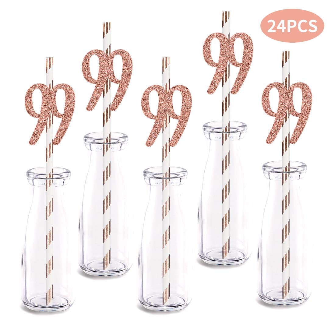 Rose Gold Glitter 99th Birthday Party Straws - 24pcs Cut-Out Number 99 Drinking Decorations for Milestone Celebrations, Anniversaries & Special Occasions