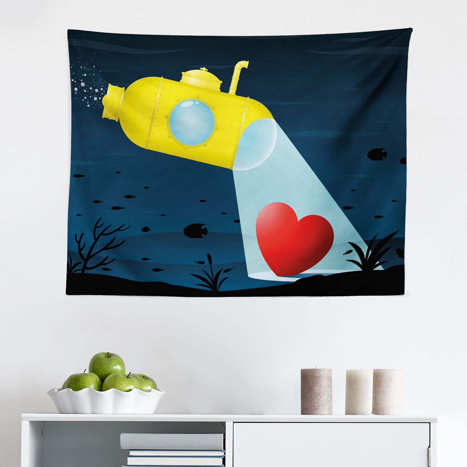 Ambesonne Yellow Submarine Tapestry Wall Art - Underwater Submarine & Heart Romance Illustration - 28x23 Inch Fabric Wall Hanging Decor for Bedroom, Living Room, Dorm - Yellow & Dark Blue - Perfect for Music Lovers & Beatles Fans Home Decor