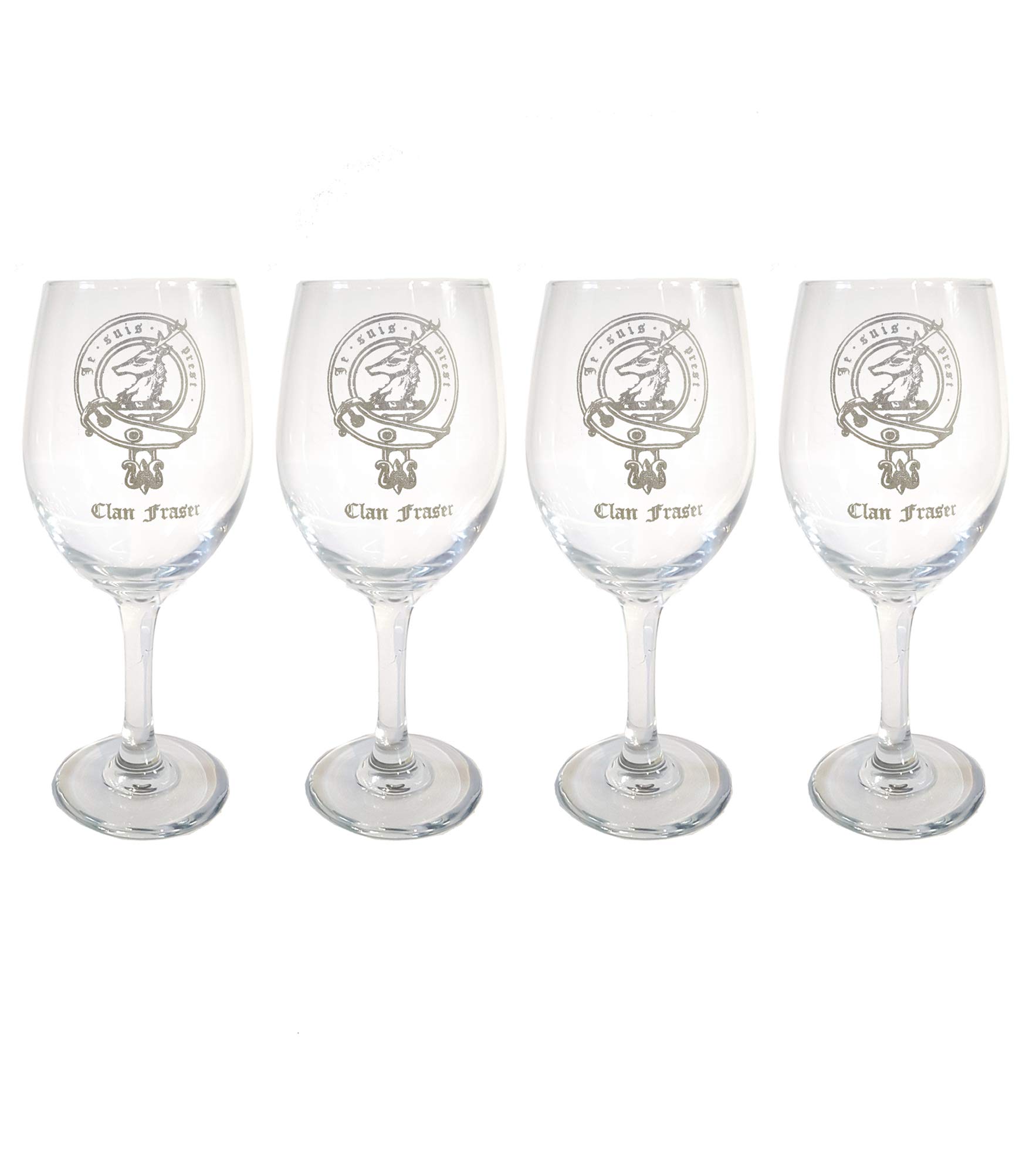Fraser Family Scottish Clan Crest - Set of 4 Engraved 18oz Clear Wine Glasses with Free Personalization - Perfect for Scottish Heritage Celebrations, Weddings, and Gift Giving