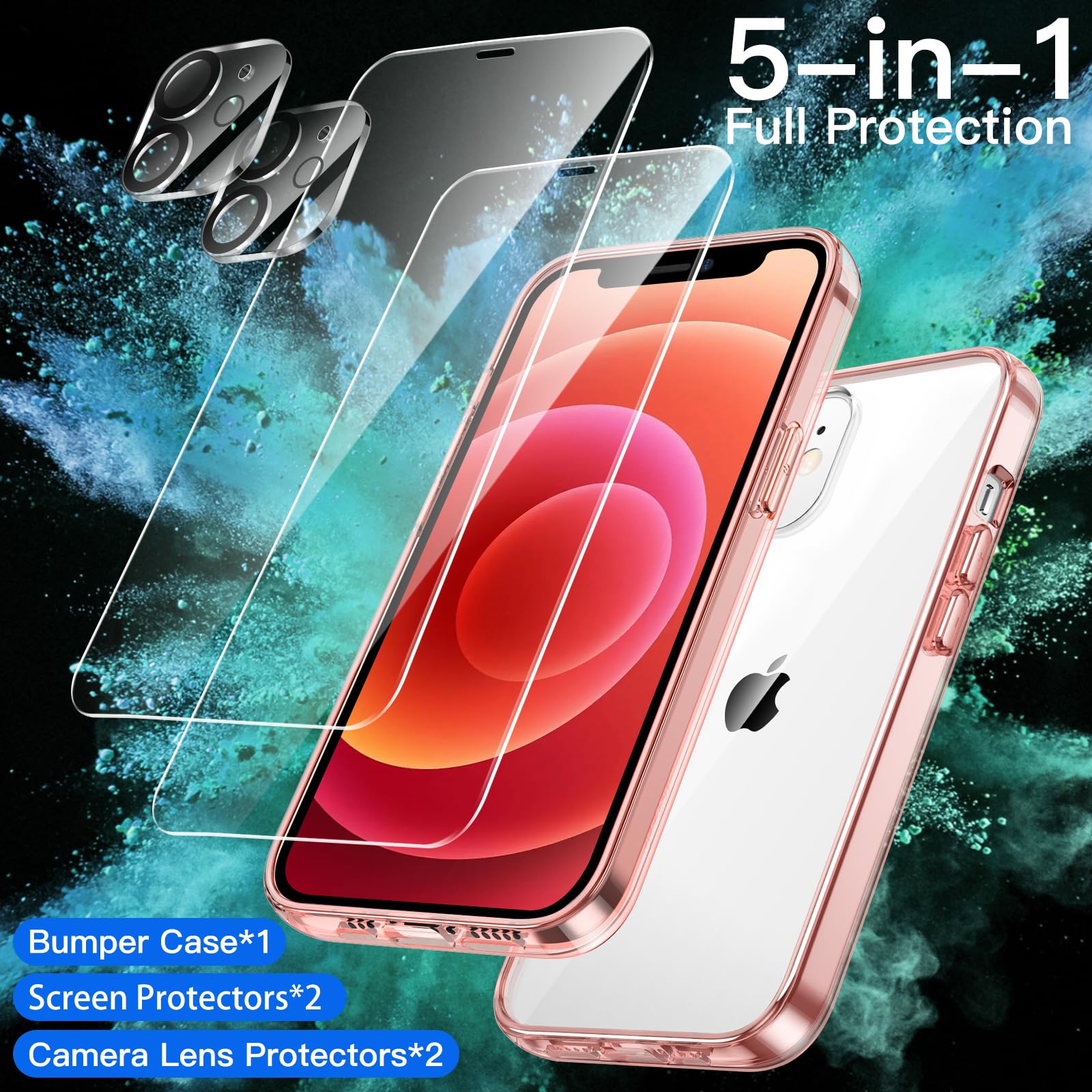 JETech 5-in-1 iPhone 12 Mini Case (5.4-Inch) with 2-Pack Screen Protector & 2-Pack Camera Lens Protector - Full Coverage Tempered Glass, Shockproof Bumper Phone Cover (Rose Gold) - Perfect for Daily Use, Travel & Outdoor Activities