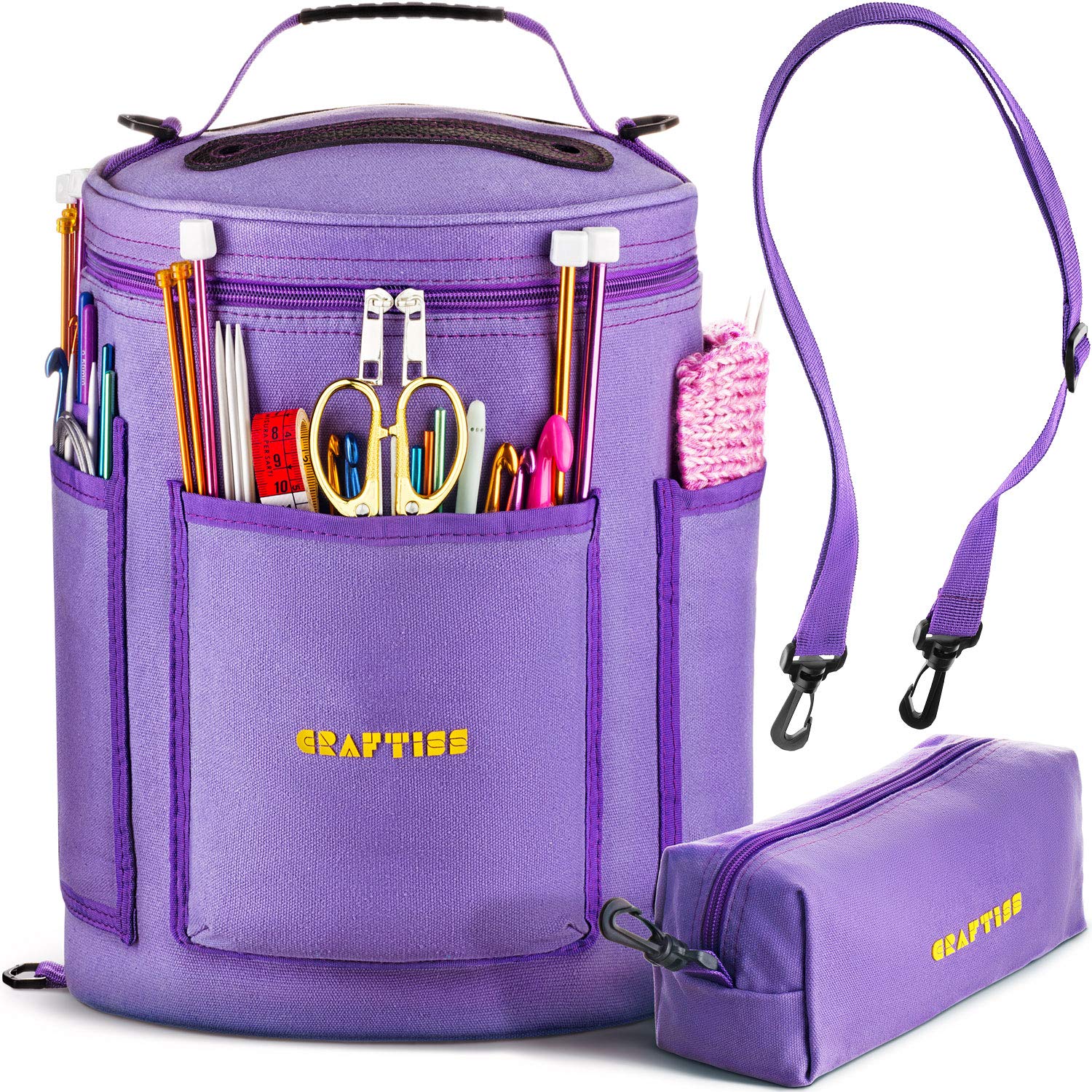 Premium Knitting Bag Yarn Storage Organizer - Durable Purple Canvas Crochet Bag with Accessories Case - Perfect Christmas Gift for Knitters & Crocheters - Ideal for Home, Travel & Craft Projects