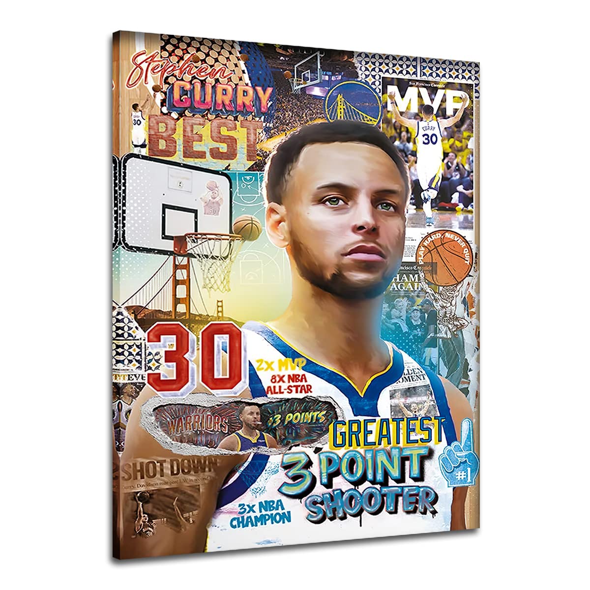 Stephen Curry Basketball Wall Art - 16x24 Inch Motivational Canvas Print Poster for Home, Office & Gym Decor - NBA Superstar Painting for Sports Fans & Inspirational Room Design