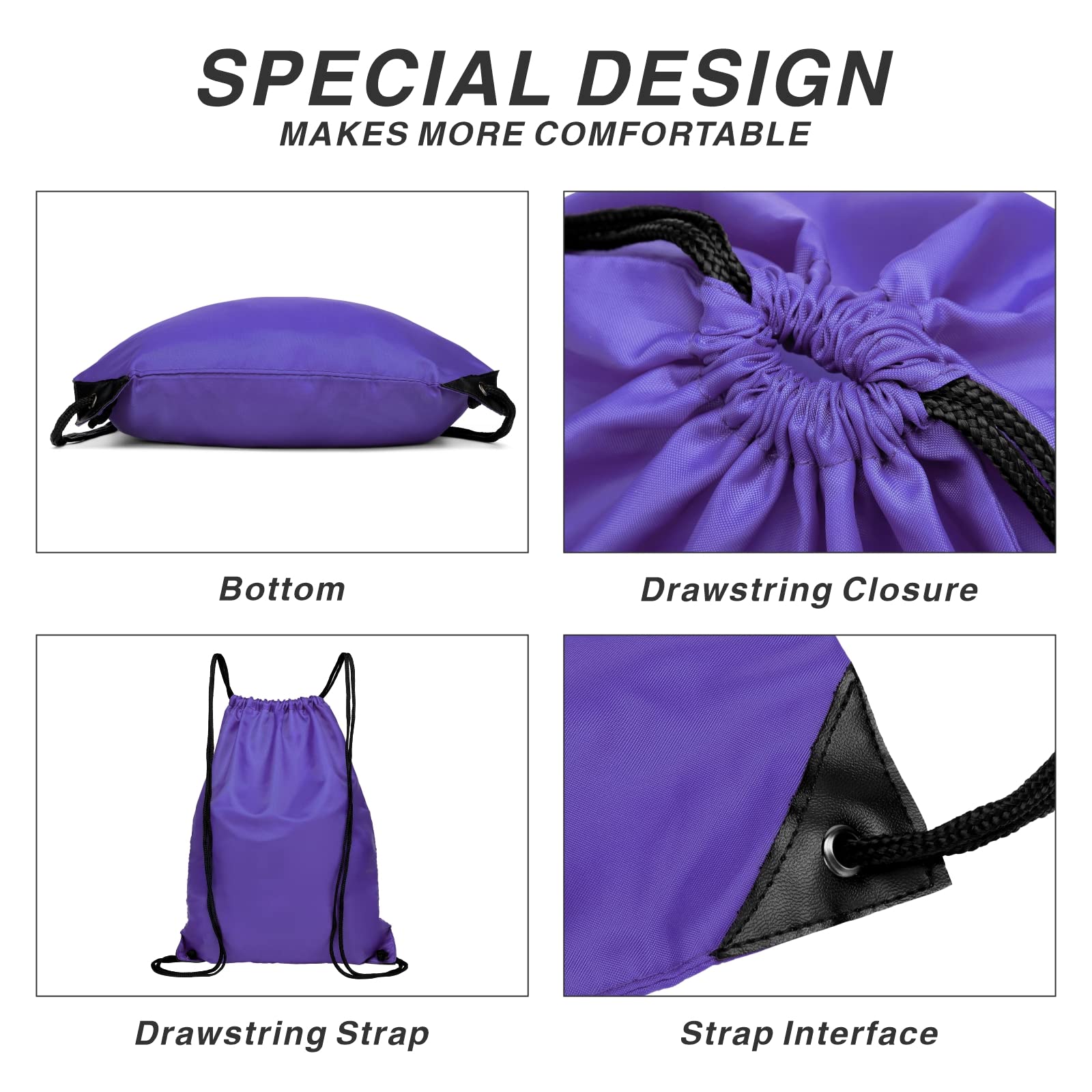 Lightweight Drawstring Backpack - 210D Nylon Foldable Gym Bag with Zipper Side Pocket for Men & Women | Perfect for Sports, Travel & School (Purple)
