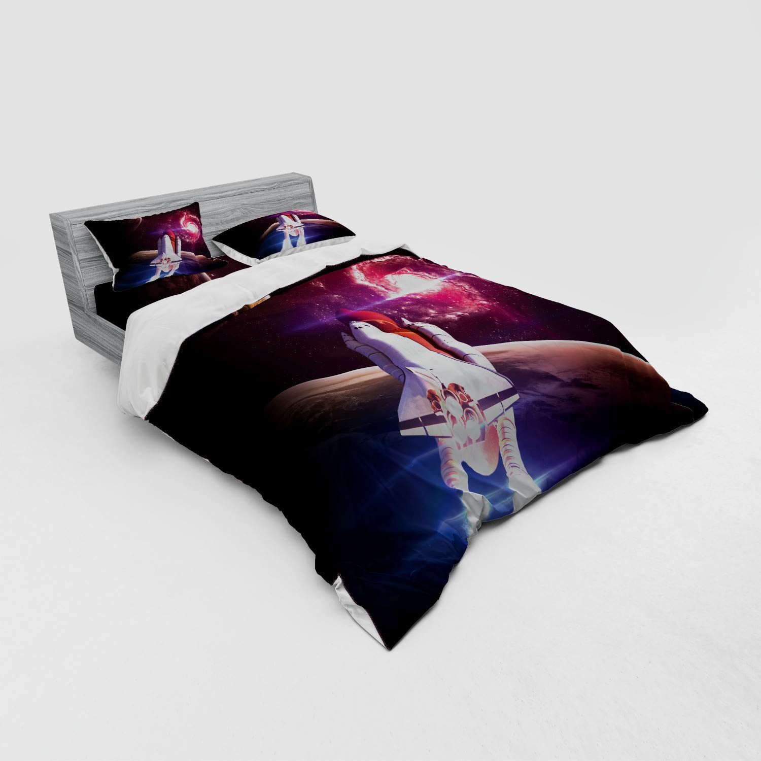 Ambesonne Galaxy Bedding Set - Queen Size 4-Piece Duvet Cover with Shams & Fitted Sheet | Space Themed Milky Way Design with Planets & Spaceship Art in Magenta & White | Perfect for Astronomy Lovers & Sci-Fi Themed Bedrooms