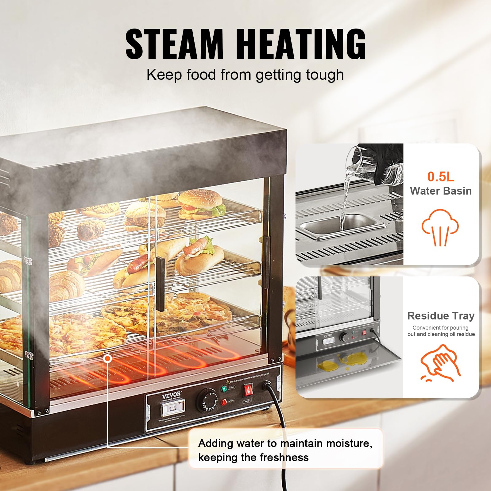 VEVOR 3-Tier Commercial Food Warmer Display - 1200W Electric Food Warmer with LED Light, Adjustable Shelves & Digital Temperature Control (86°F-185°F), 111L Capacity - Perfect for Restaurants, Cafes & Buffets Serving Burgers, Pizza, Bread & Fried Chicken