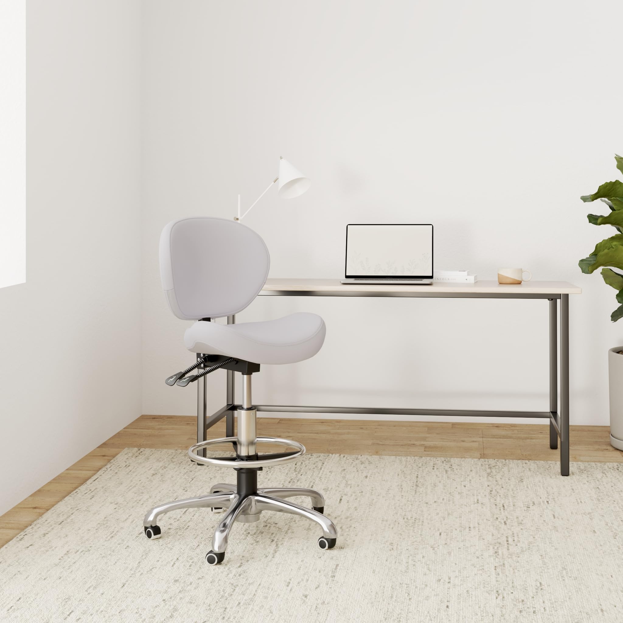 Adjustable Height Drafting Stool with Backrest & Footrest - Swivel Rolling Office Chair for Work, Studio, Dental, Salon & Kitchen - Ergonomic Home Desk Chair (White) - Perfect for Artists, Designers & Professionals