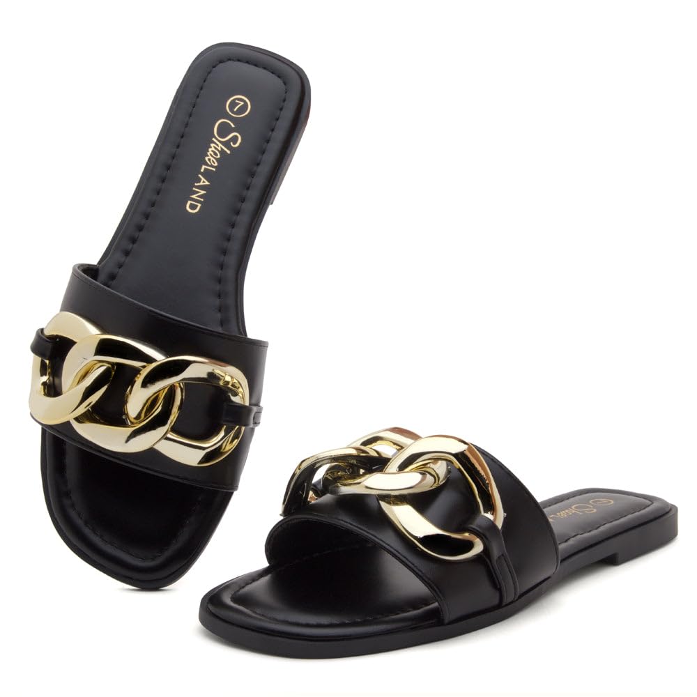 EMMA Women's Flat Sandals - Square Open Toe Single Band Slides with Metal Chain | Comfortable Cushioned Footbed Slip-On Slippers for Summer, Beach, Casual Outfits and Daily Wear