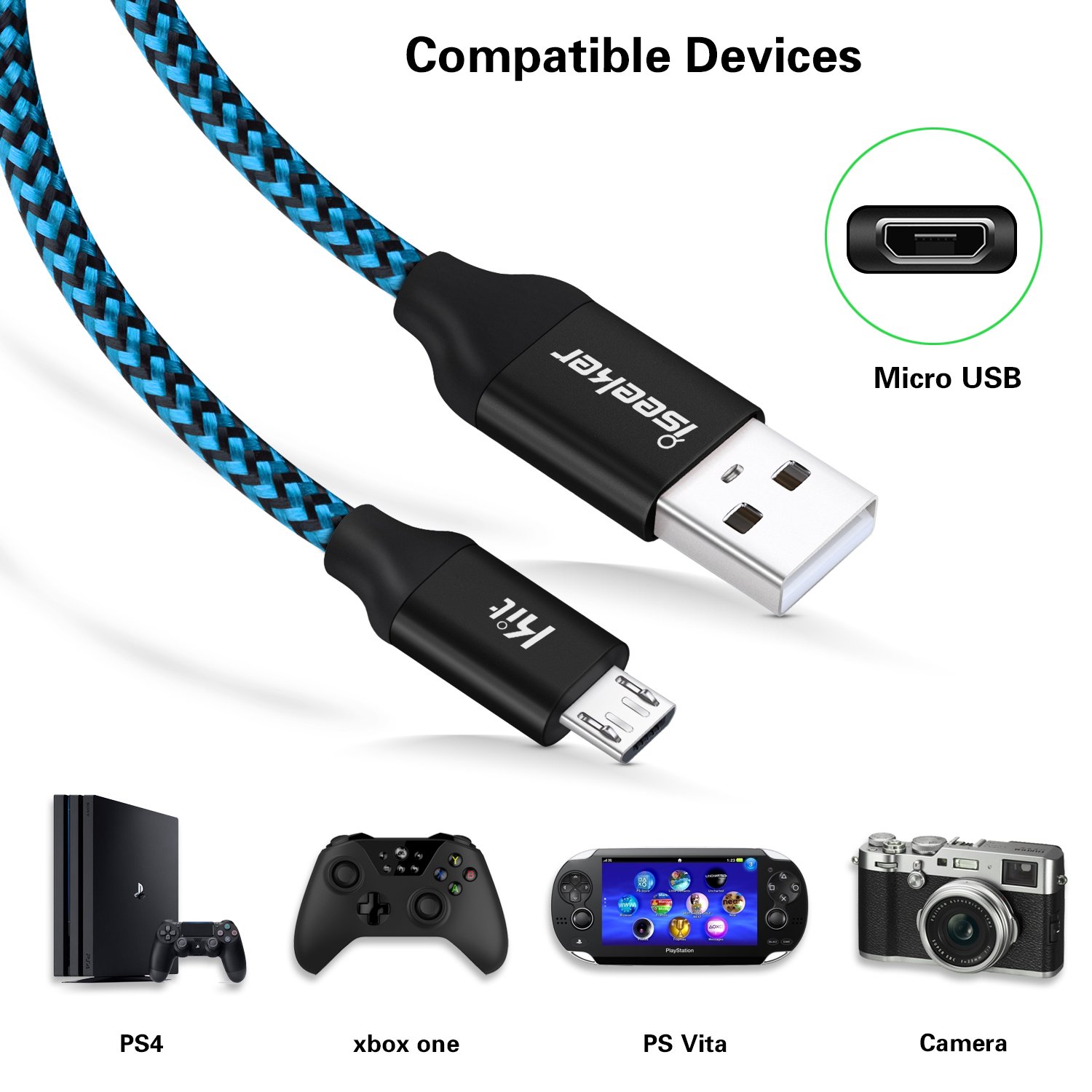 15ft Extra Long Micro USB Charger Cable - High Speed USB 2.0 Charging Cord for Android Phones, Samsung, LG, HTC, Motorola, Nokia & Tablets - Durable Nylon Braided (Blue) - Perfect for Home, Office, Car & Travel Charging