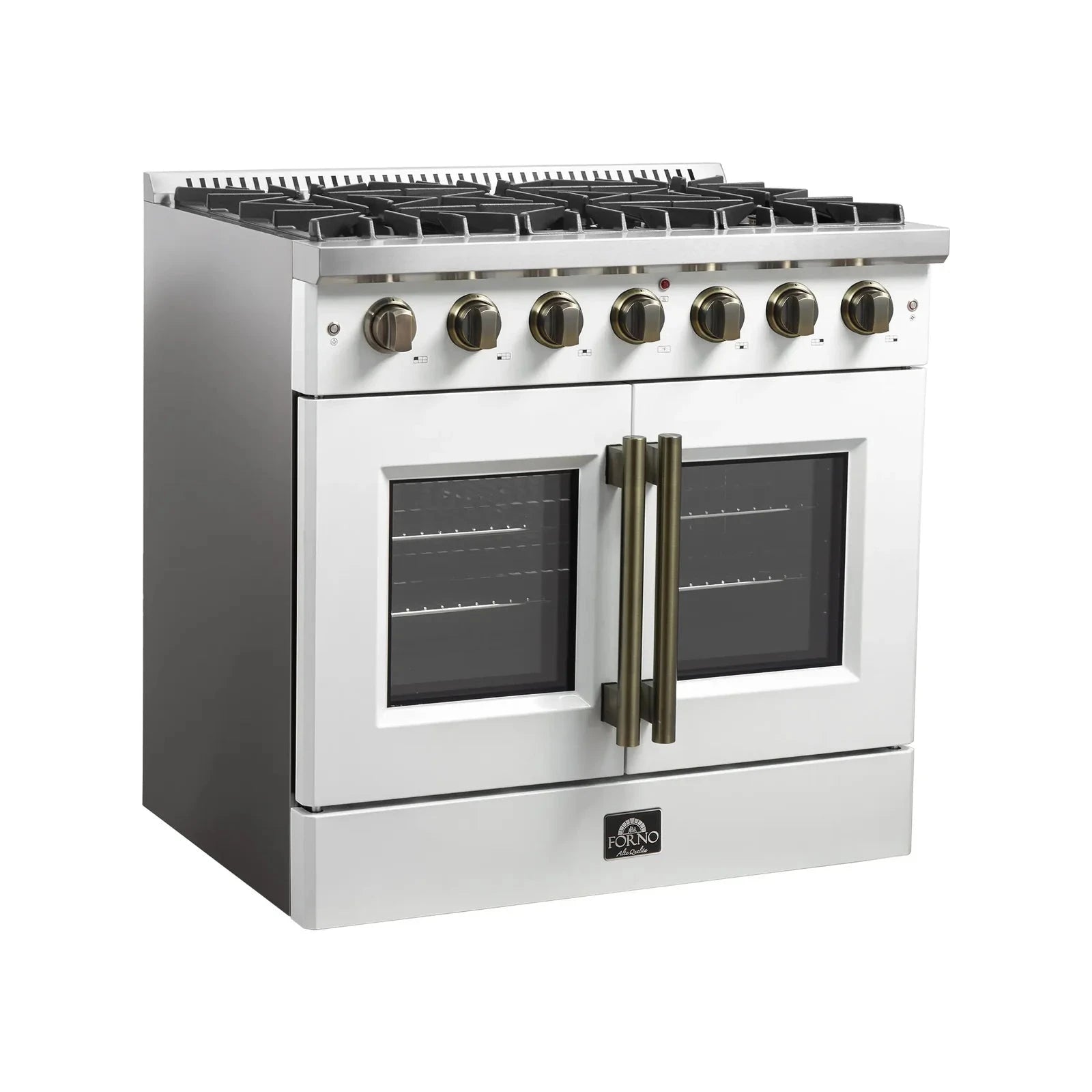 Forno Galiano 36-Inch French Door All Gas Range in White with Antique Brass Trim - Model FFSGS6444 36WHT | Professional Kitchen Appliance for Home Chefs & Modern Cooking