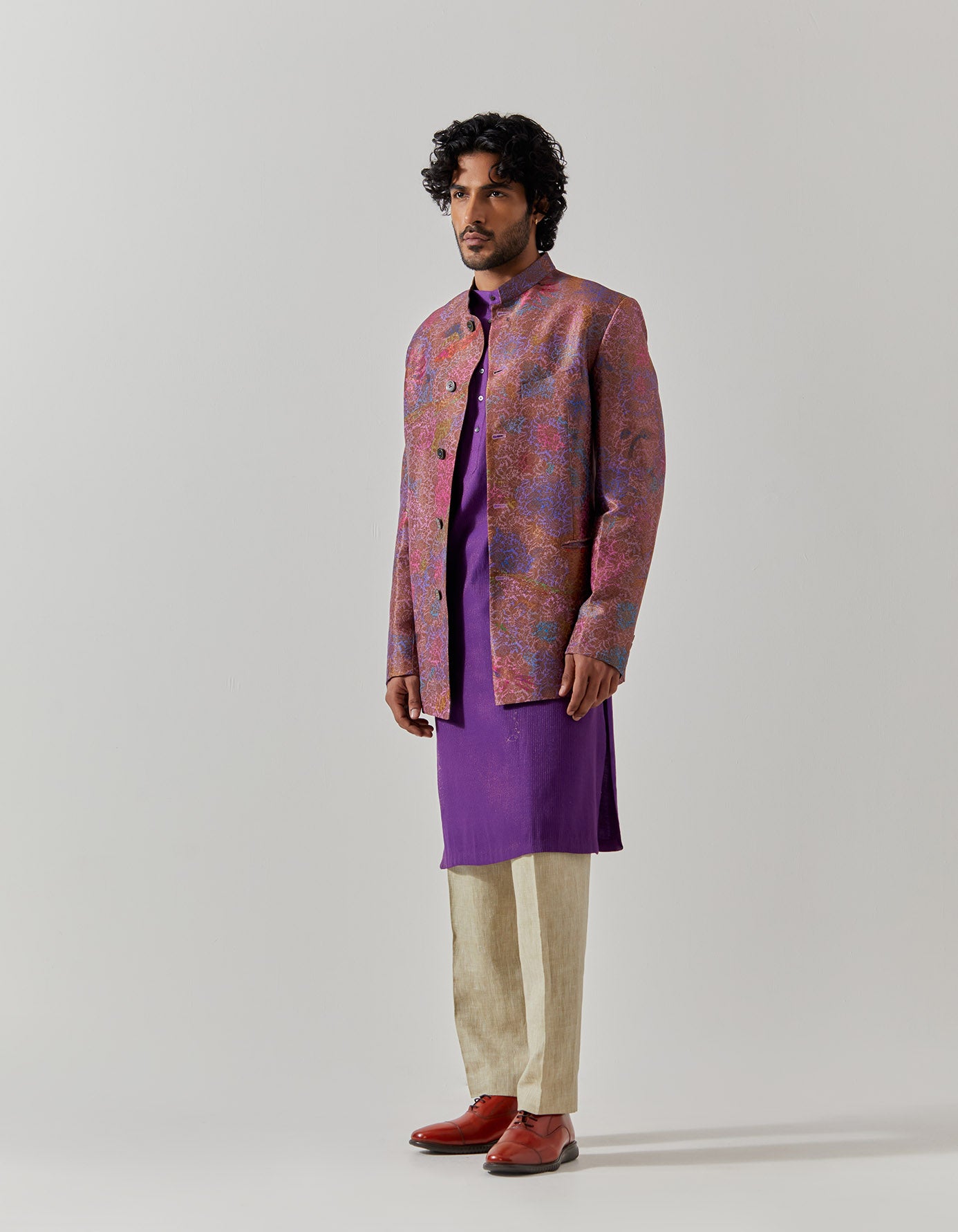 Bandhgala Silk Brocade Amethyst Fresco Jacket for Men | Elegant Indian Wedding Sherwani | Perfect for Formal Events & Cultural Celebrations