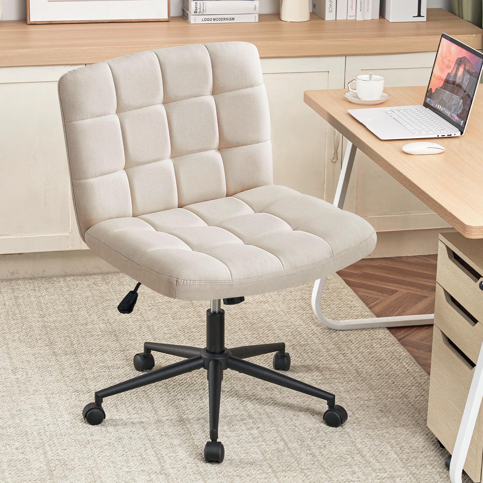Furniliving Ergonomic Home Office Desk Chair with Wheels - Criss Cross Leg Base, Wide Seat, Armless & Height Adjustable Mid Back Swivel Chair for Work, Study, Gaming - Linen Beige Accent Vanity Chair for Small Spaces