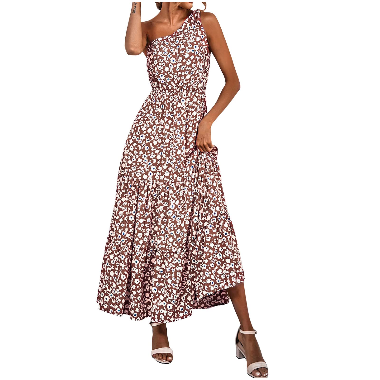 Women's Summer Dresses - Floral Print One Shoulder Sleeveless Ruffle Beach Maxi Dress for Plus Size | Perfect for Vacations, Beach Parties & Date Nights