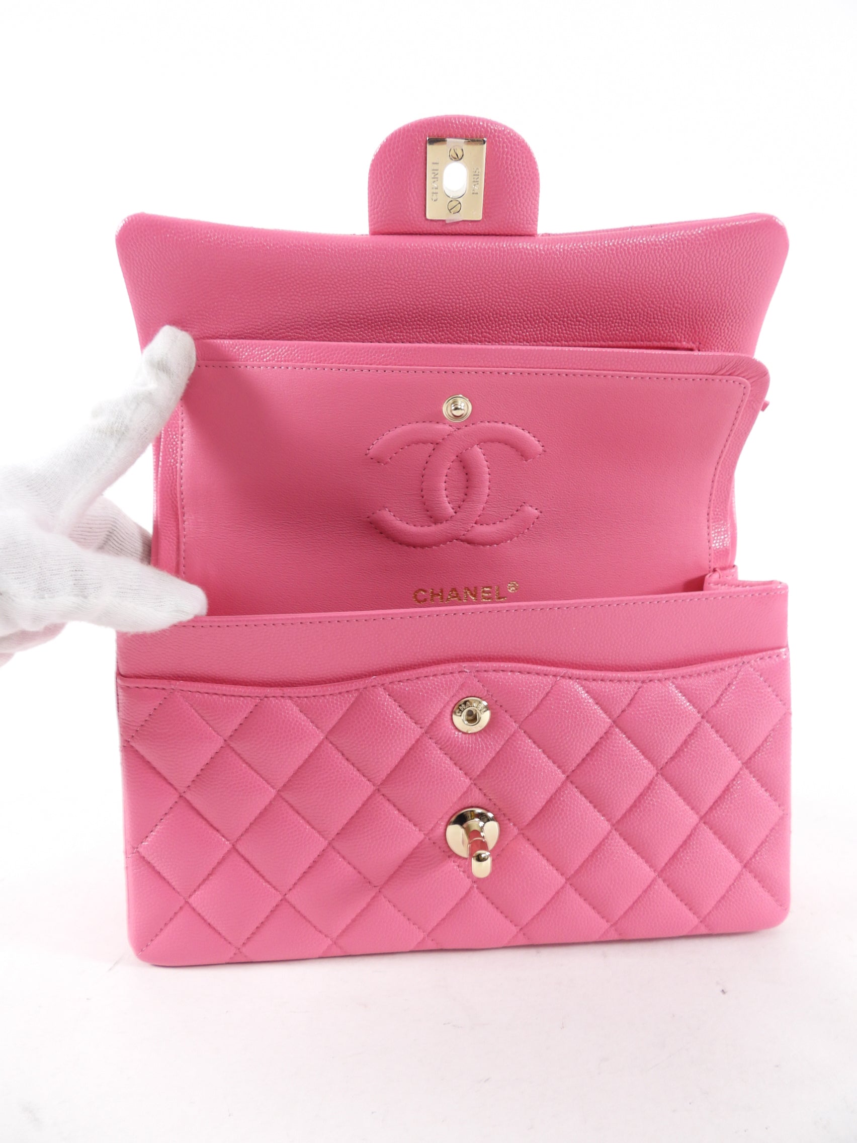 Chanel 2021 Small Pink Caviar Leather Double Classic Flap Bag with Gold Hardware - Luxury Designer Handbag for Women, Perfect for Parties, Weddings & Everyday Elegance