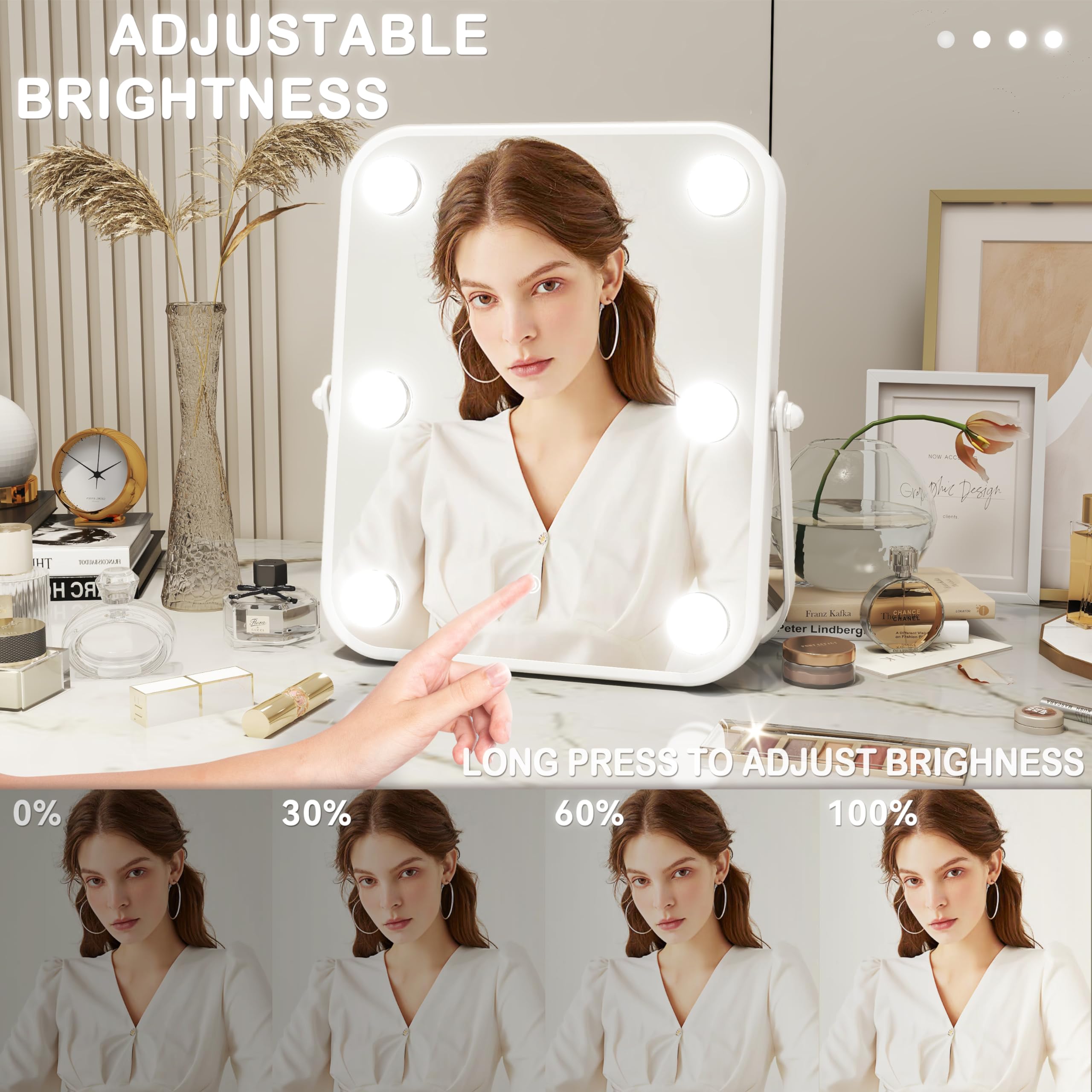 10x12 Inch Dimmable LED Vanity Mirror with Touch Control - Portable Makeup Mirror for Travel & Home