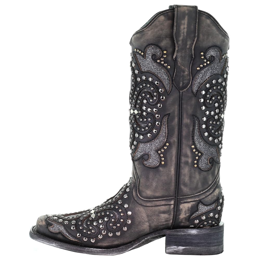 Women's Corral Glitter Studded Tooled Inlay Snip Toe Dress Boots - Mid Calf, Low Heel 1-2