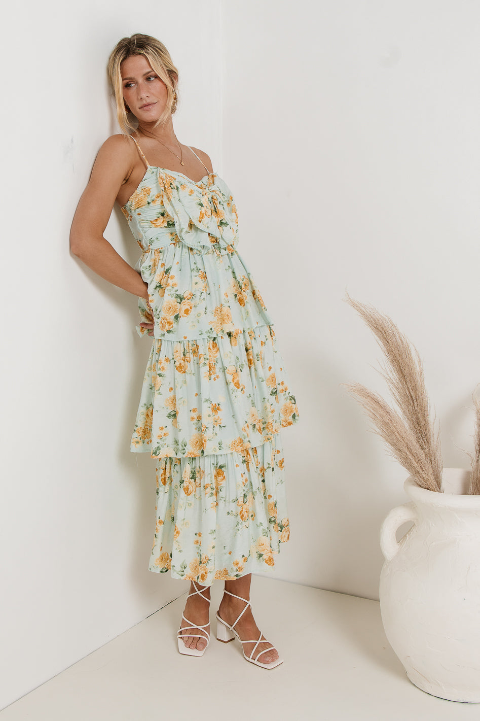 Ava Floral Midi Dress in Sage Green - Women's Boho Summer Dress with Short Sleeves - Perfect for Beach Vacation, Garden Party & Date Night