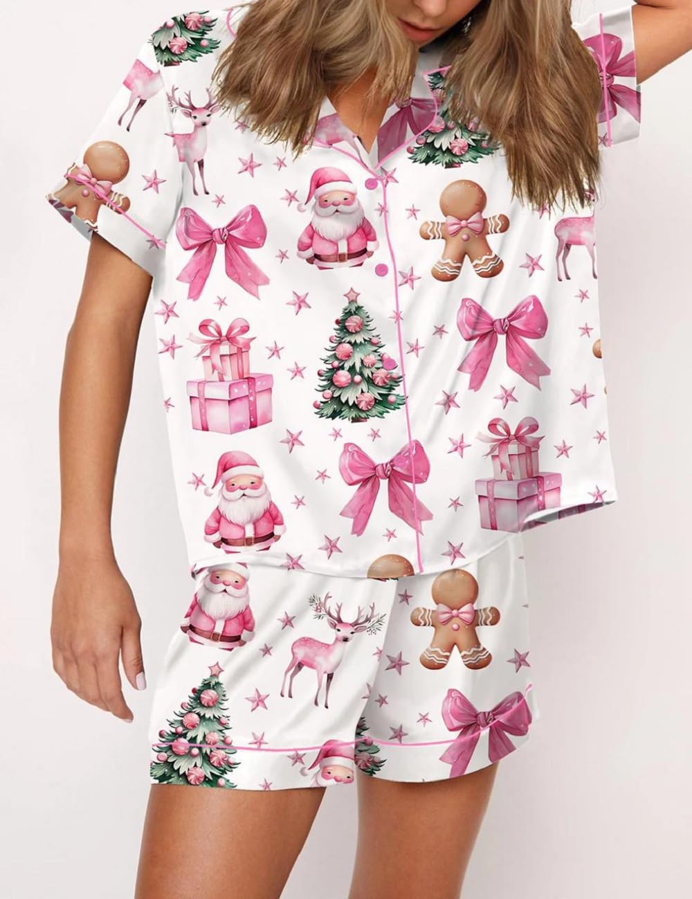 Juakoso Women's Christmas Pajama Set - Trendy Print Button Down Lounge Wear - Silk Satin 2 Piece Sleepwear - Y2K Style Pajamas for Holiday Parties & Cozy Nights