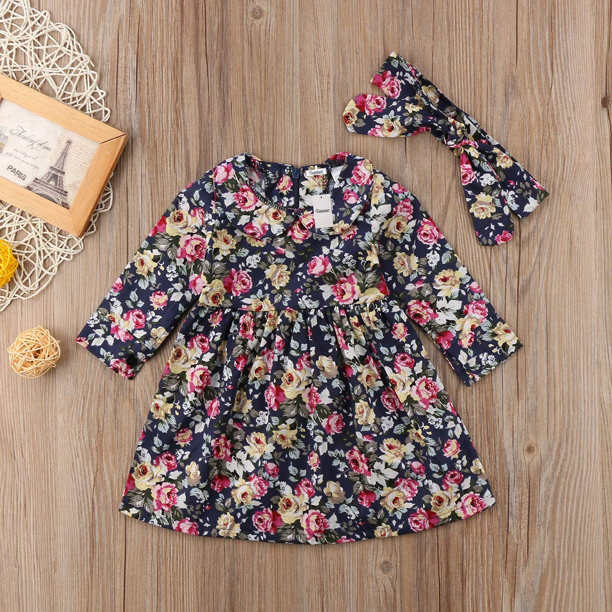 Toddler Baby Girls Floral Long Sleeve A-Line Party Dress with Doll Collar & Bow Headband - Cute Outfit for Birthday, Holiday & Special Occasions
