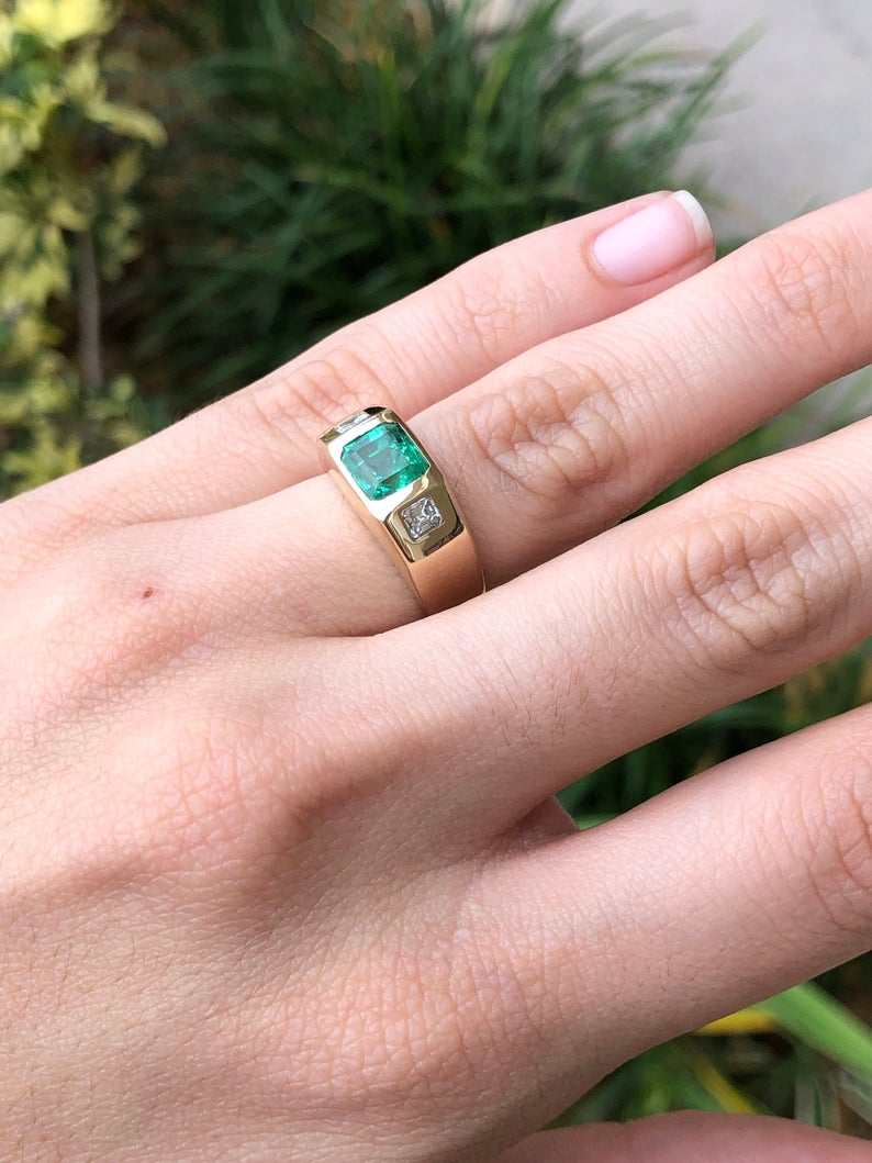2.14tcw Three Stone Vivid Green Emerald & Asscher Diamond Signet Gypsy Ring for Women | Vintage Inspired Jewelry Gift for Anniversary, Engagement & Special Occasions