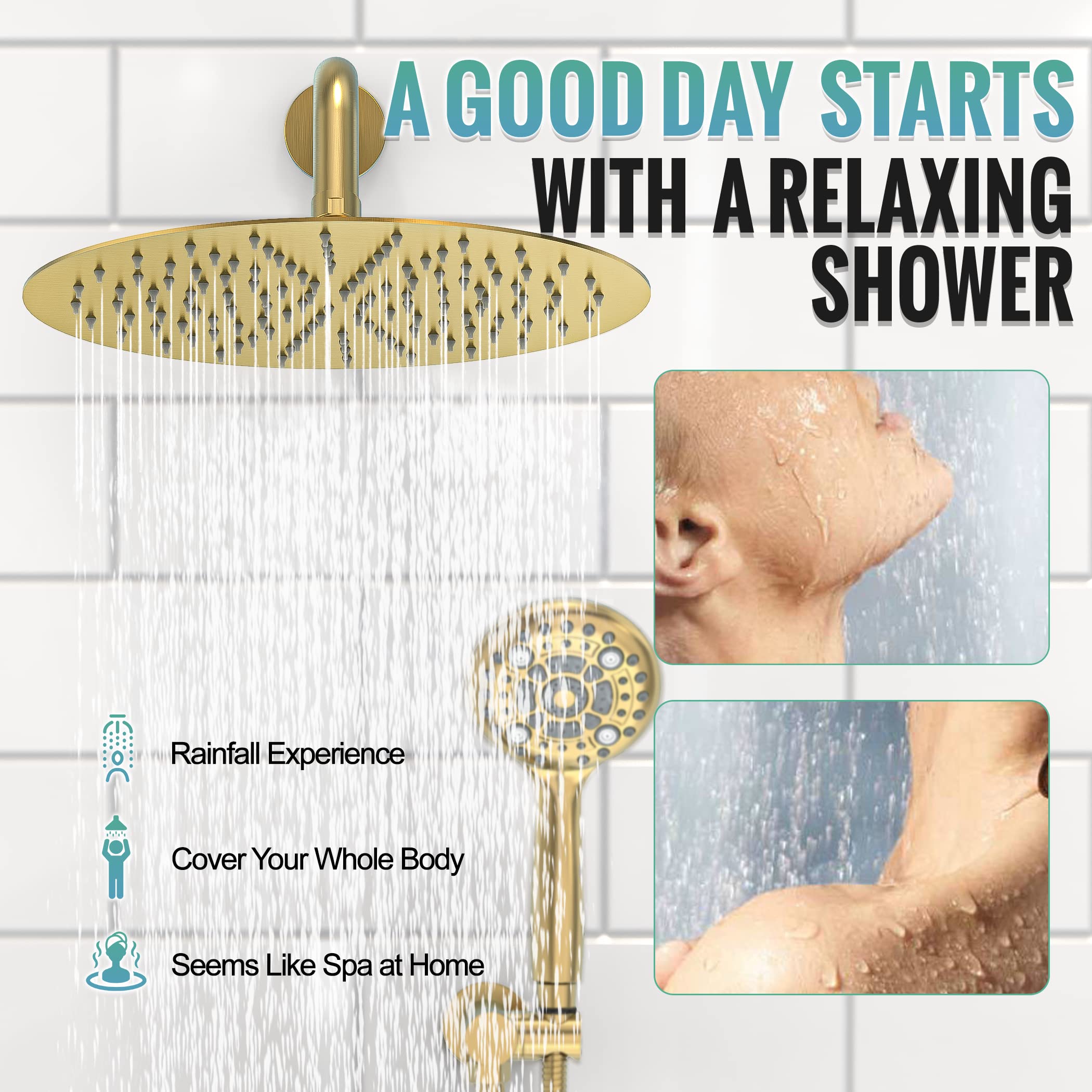 SR SUN RISE 12 Inch High Pressure Shower Head System - Brushed Gold Multifunctional Shower Faucet with Handheld Spray & Valve - Perfect for Bathroom, Spa & RV Use