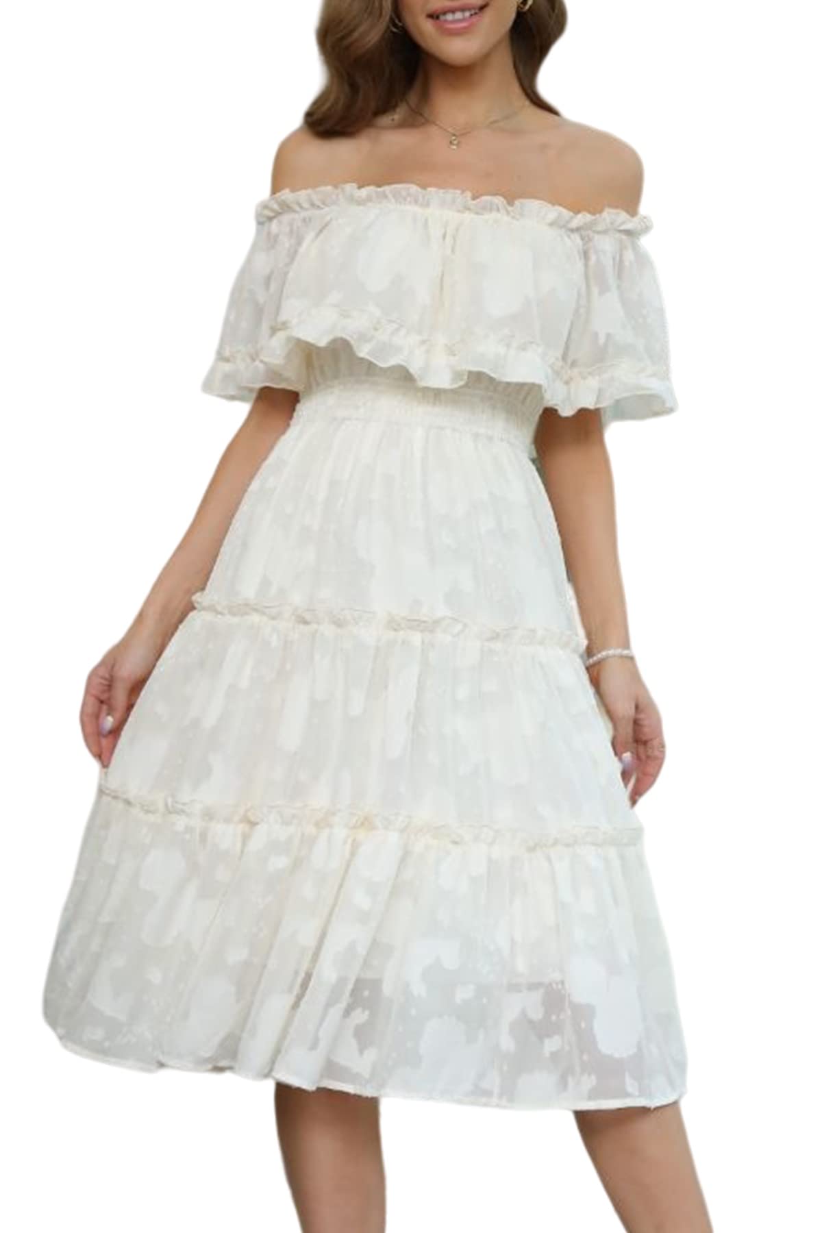 MAXVIGOR Women's Off Shoulder Ruffle Midi Dress - Elegant Wedding Guest & Cocktail Party Dress, Flowy Tiered A-Line Design for Summer Events, Date Nights & Special Occasions