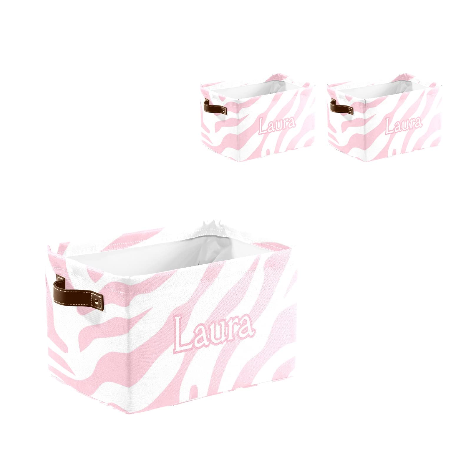 Pink Zebra Stripe Personalized Storage Bins with Handles - Custom Name Closet Organizer Box, 2 Pack - Perfect for Kids Room, Nursery, and Bedroom Storage Organization