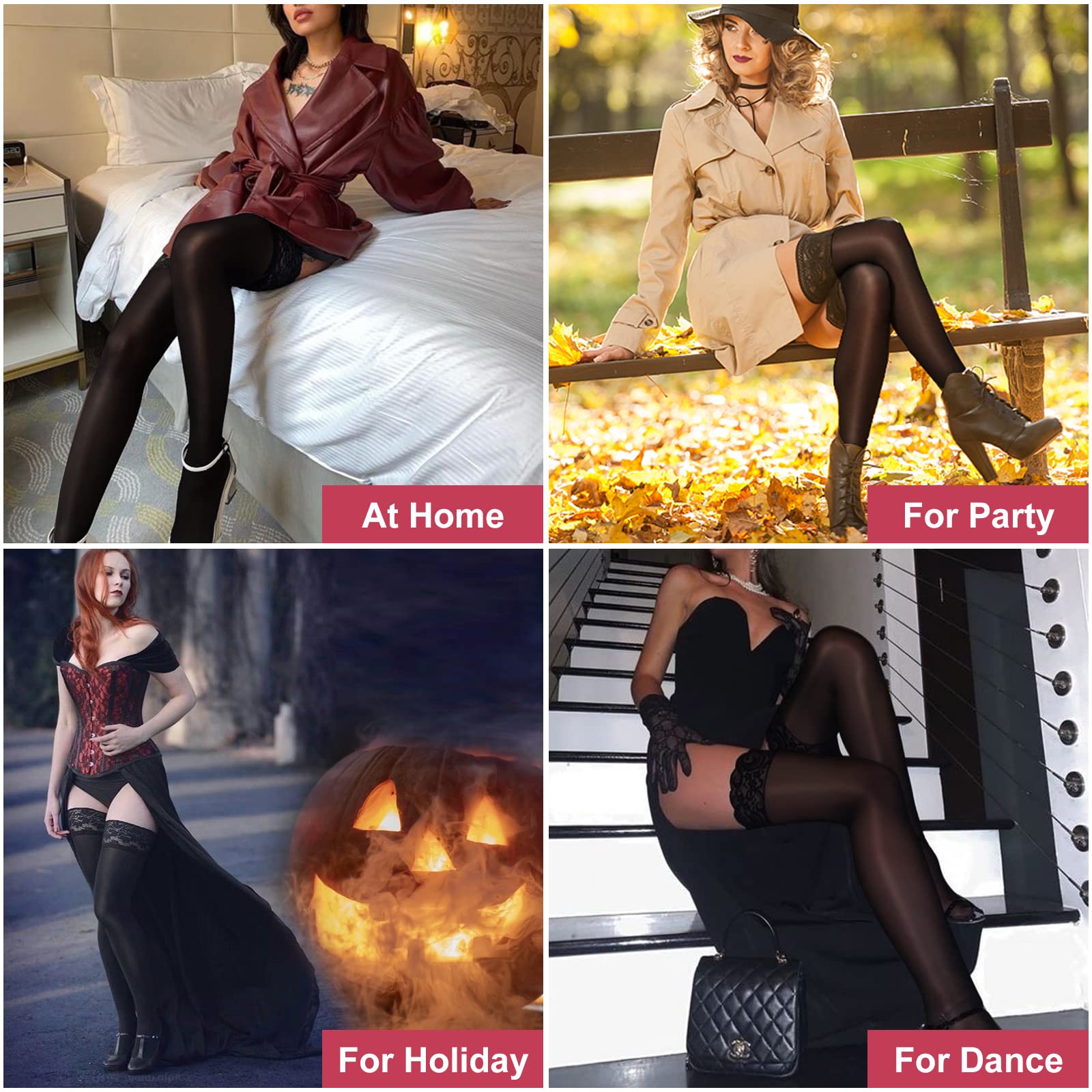 MANZI Sheer Shiny Thigh High Stockings for Women - 2 Pairs Silky Lingerie Pantyhose with Stay-Up Silicone Lace Top | Perfect for Date Night, Cosplay & Special Occasions