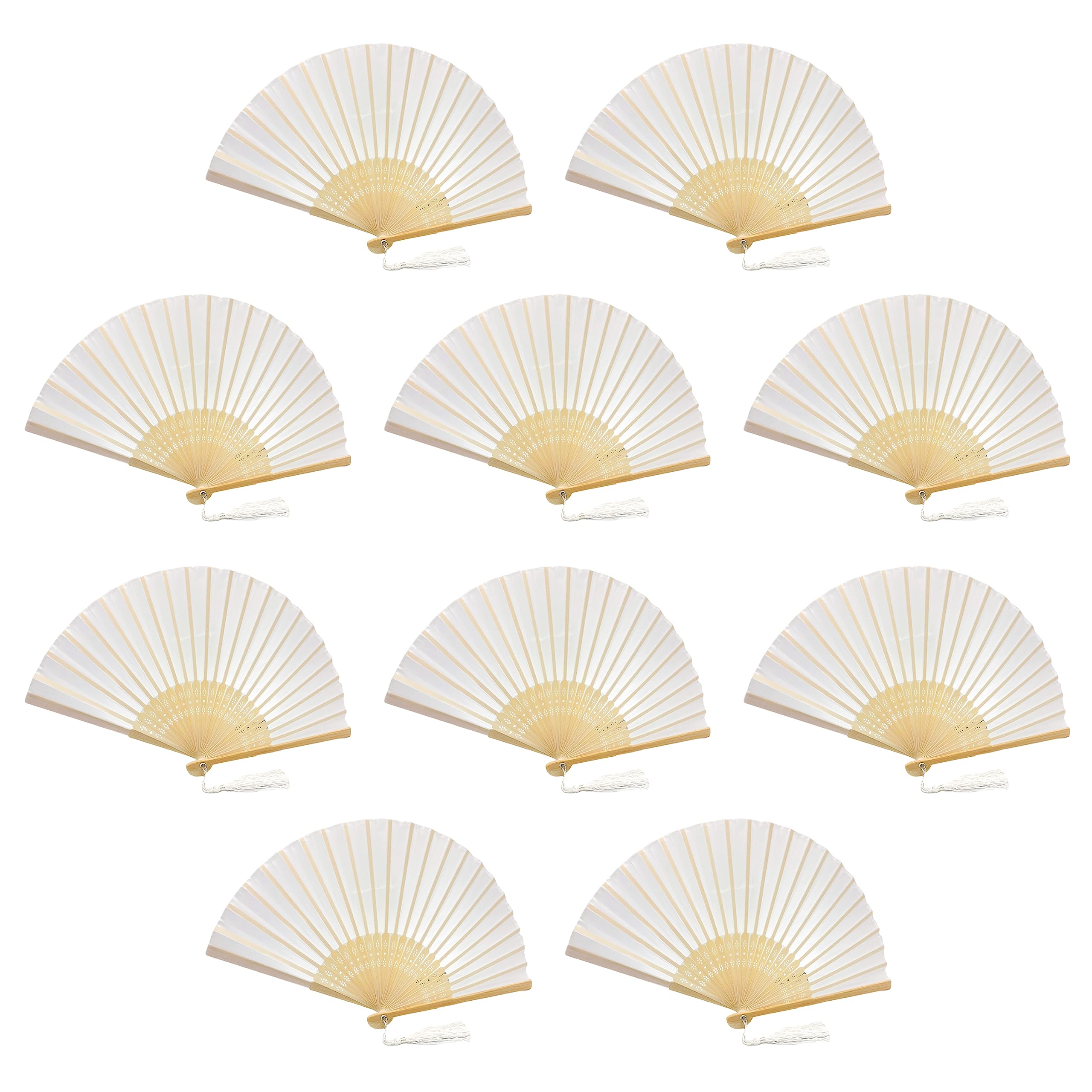 10 Pack Handheld Fabric Fans with Tassel - Premium Bamboo Ribs Wedding Party Favors, Summer Cooling Accessories for Outdoor Events, Bridal Showers & Beach Weddings (White)