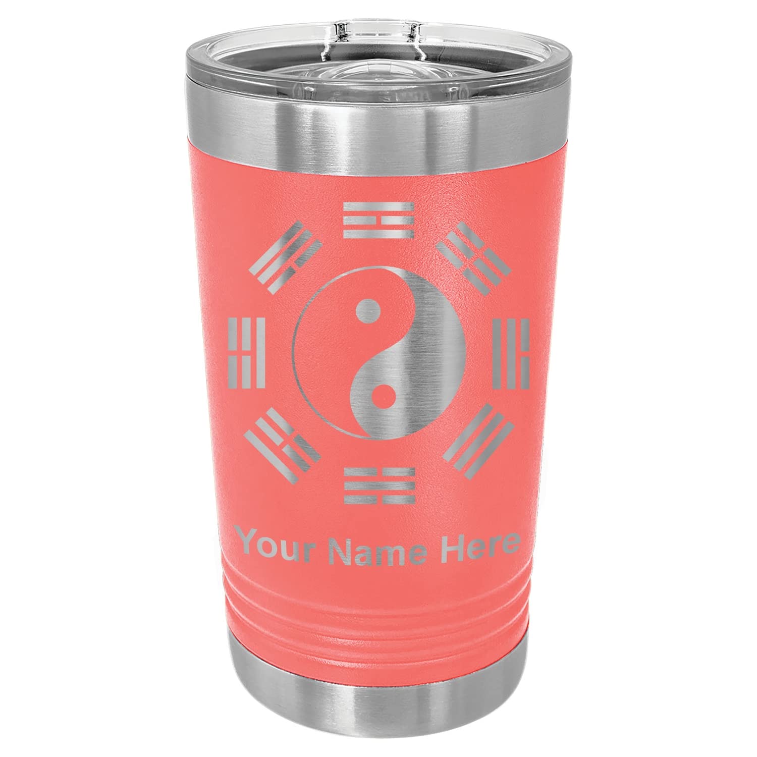 LaserGram 16oz Vacuum Insulated Stainless Steel Tumbler with Yin Yang Tai Chi Design - Personalized Engraved Pint Cup for Hot & Cold Drinks - Perfect for Gym, Office, Travel & Outdoor Activities (Coral)